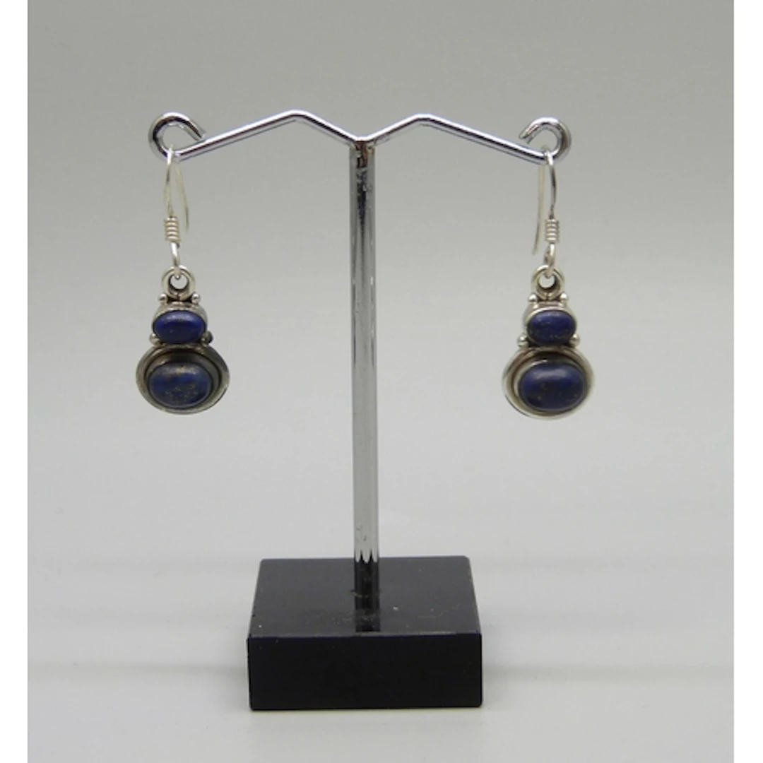 A pair of silver and lapis lazuli drop earrings, 3.3cm inclu...