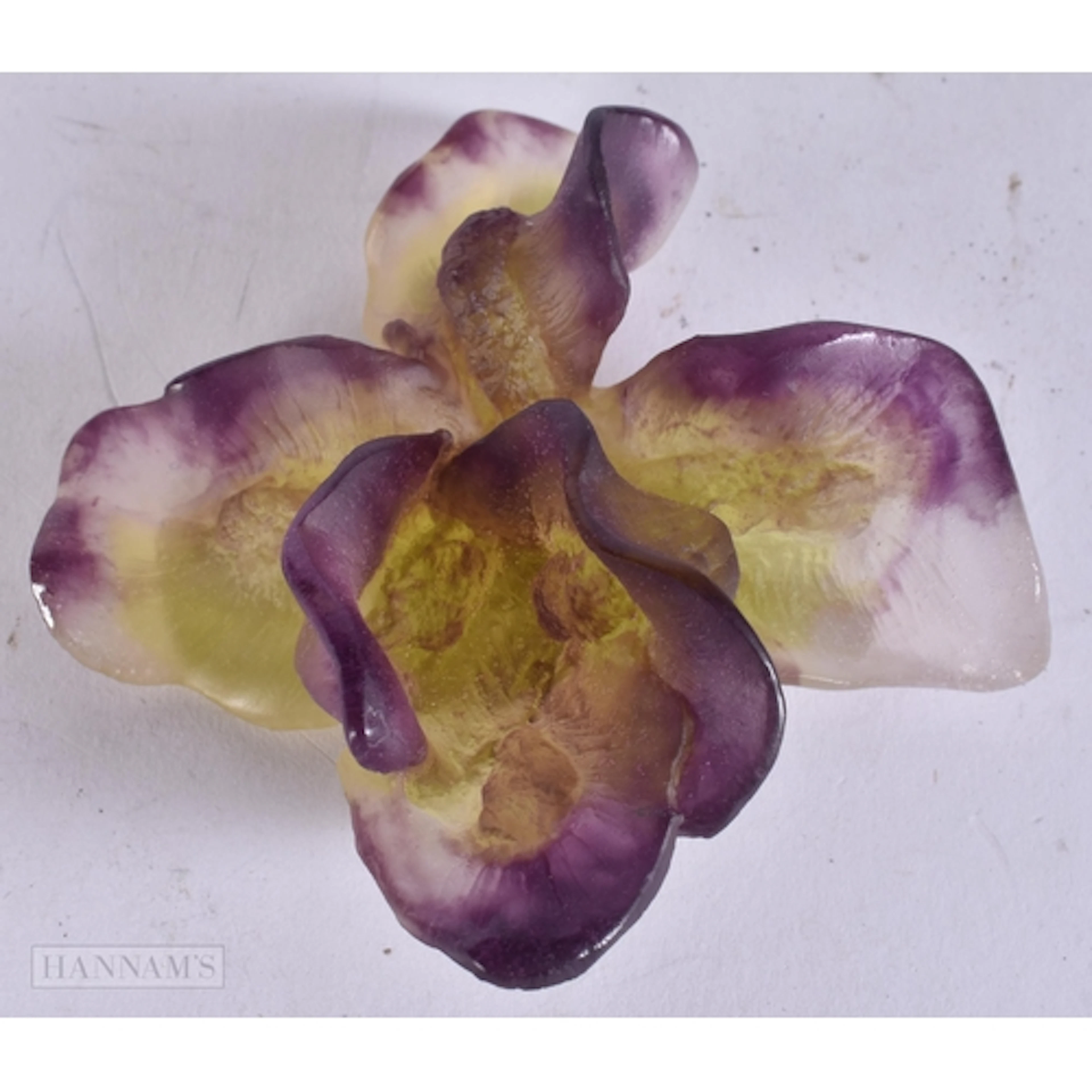 A BOXED DAUM PUCE AND YELLOW GLASS FLOWER. 9.5 cm wide.