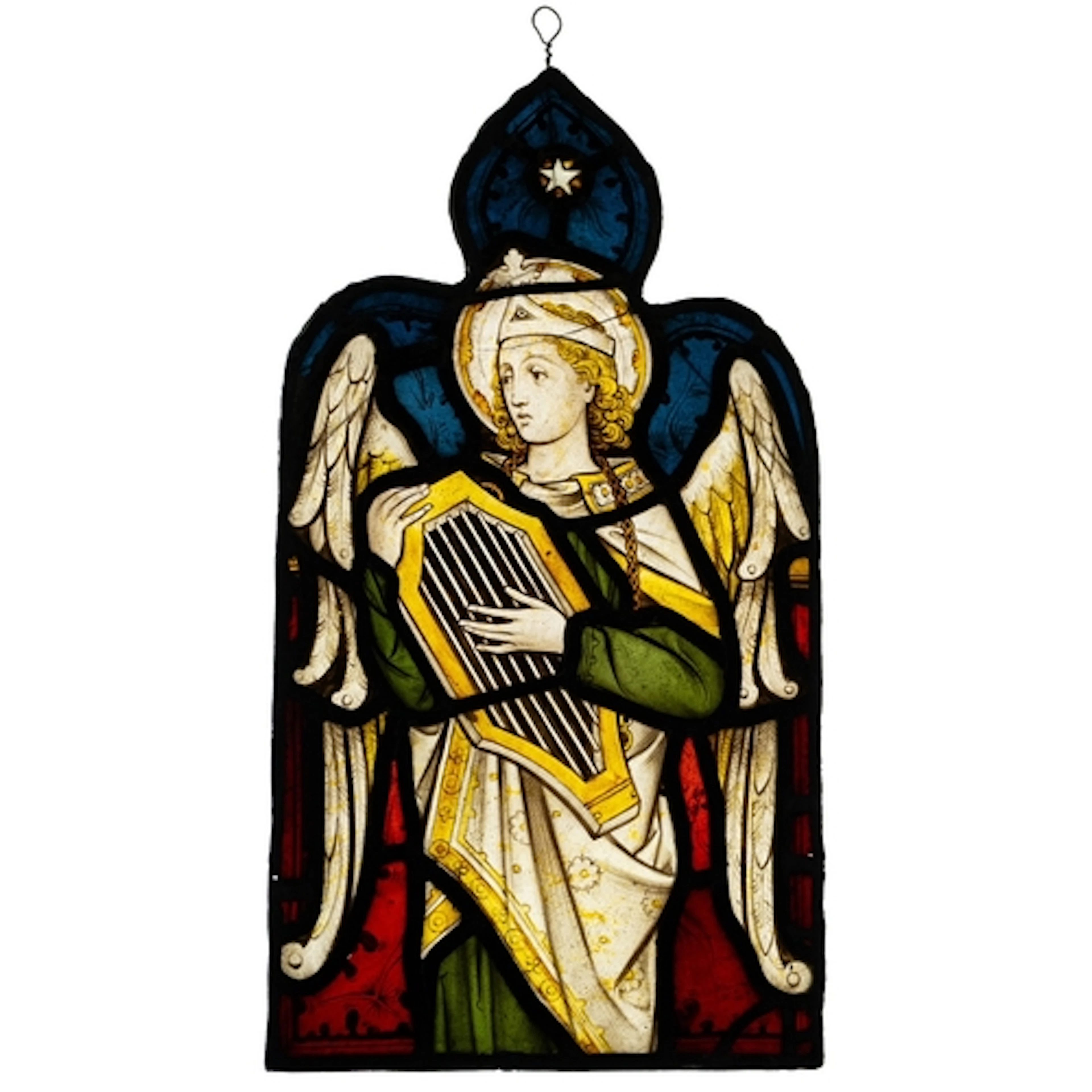 A stained and leaded glass depiction of an angel, in Mediaev...
