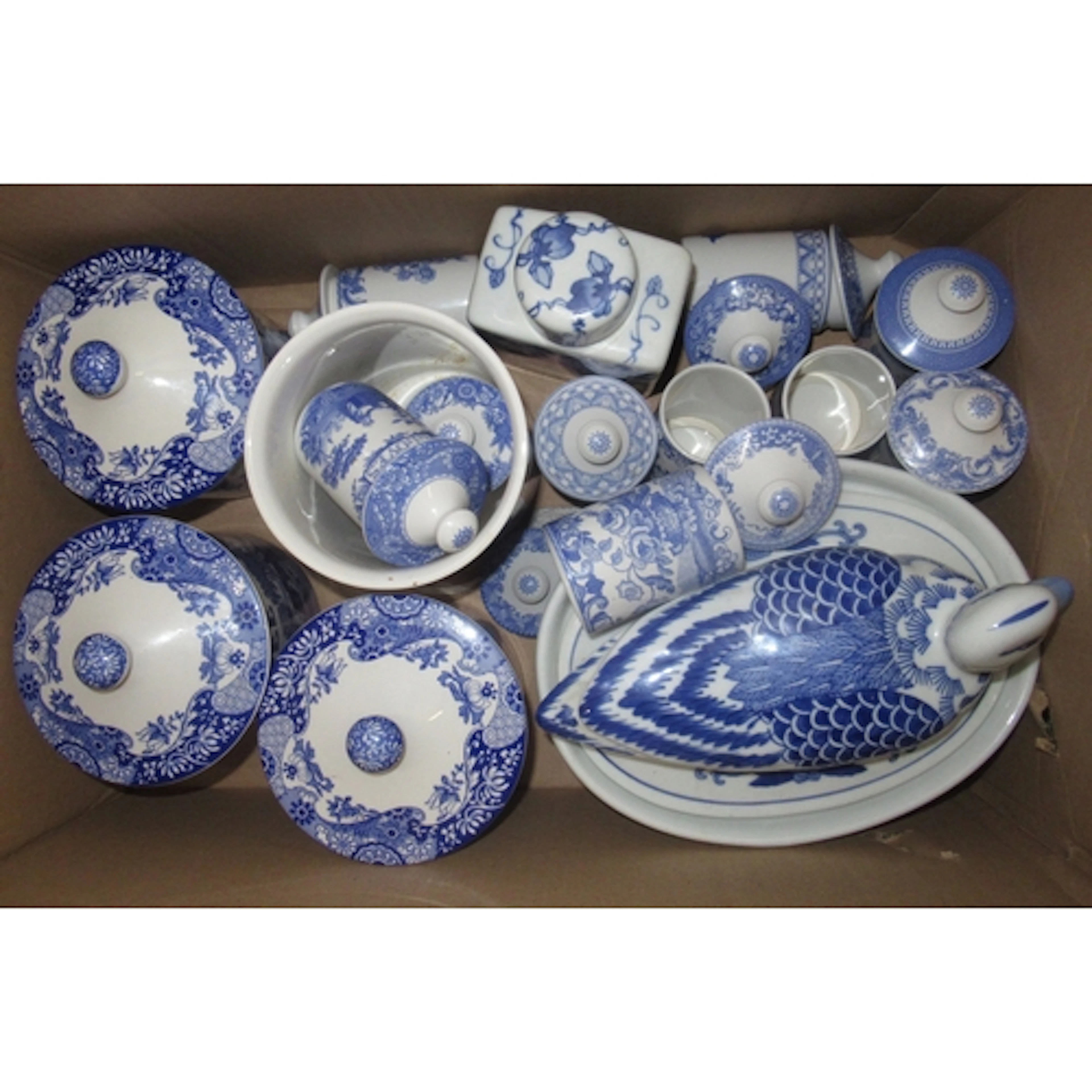 Three boxes of various blue and white china, including Spode...