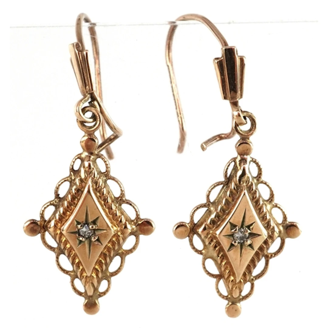 Pair of antique 9ct gold diamond drop earrings, 2.3cm high, ...