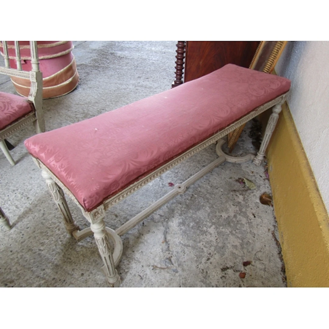 Antique French Long Stool Upholstered Seat Above Turned and ...