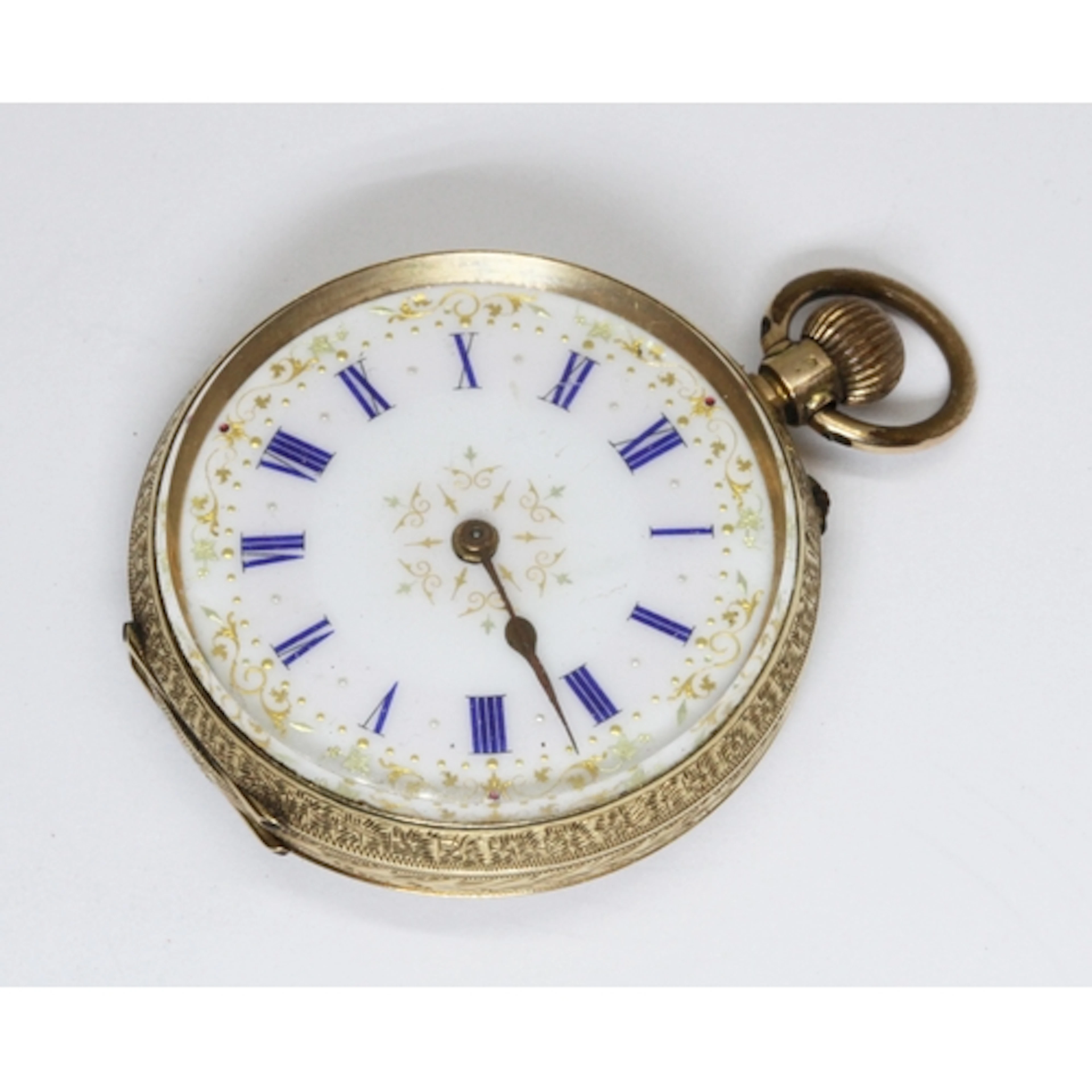 A ladies antique open faced pocket watch, marked '14K', gros...