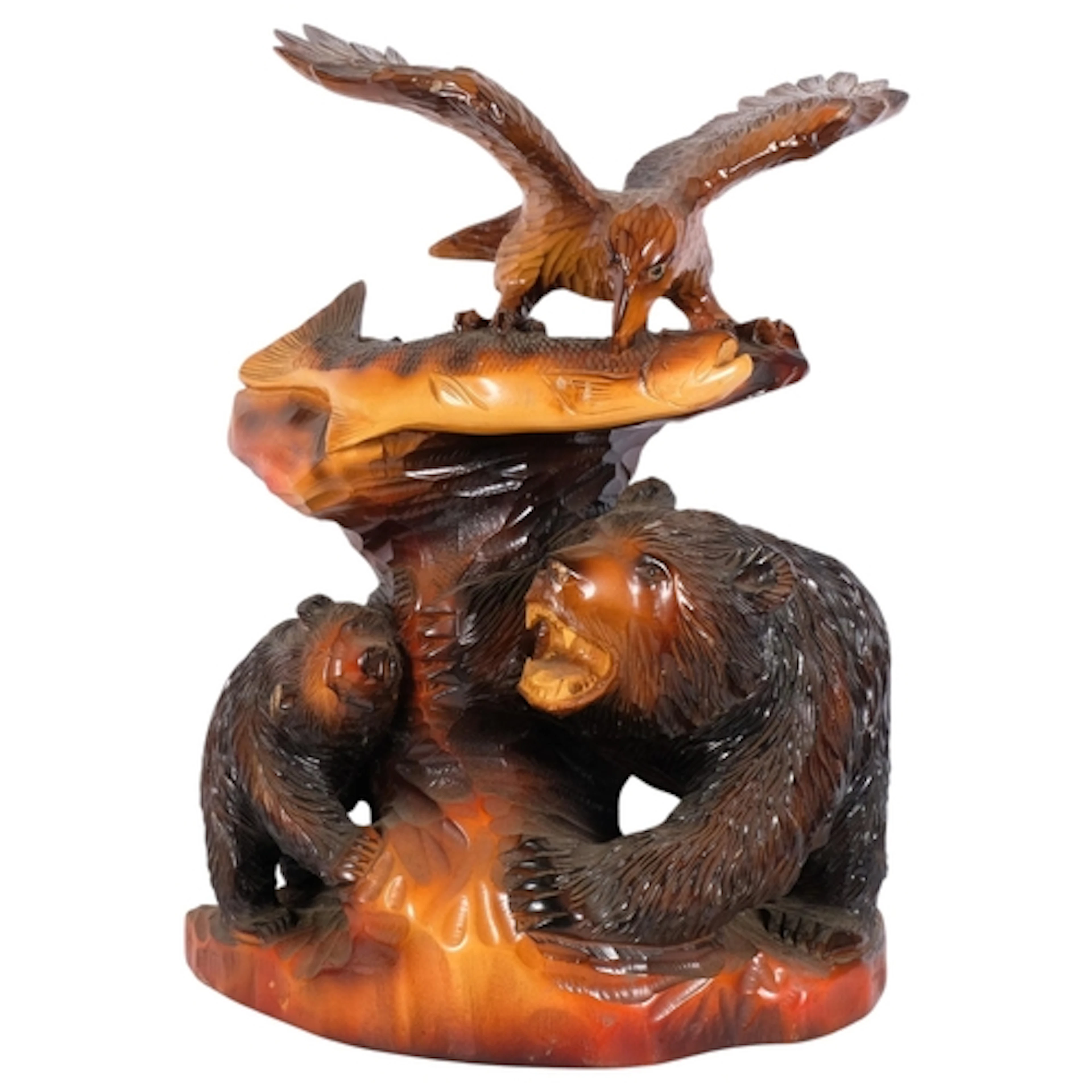 A Japanese Folk Art sculpture of a Higuma bear and cub fight...
