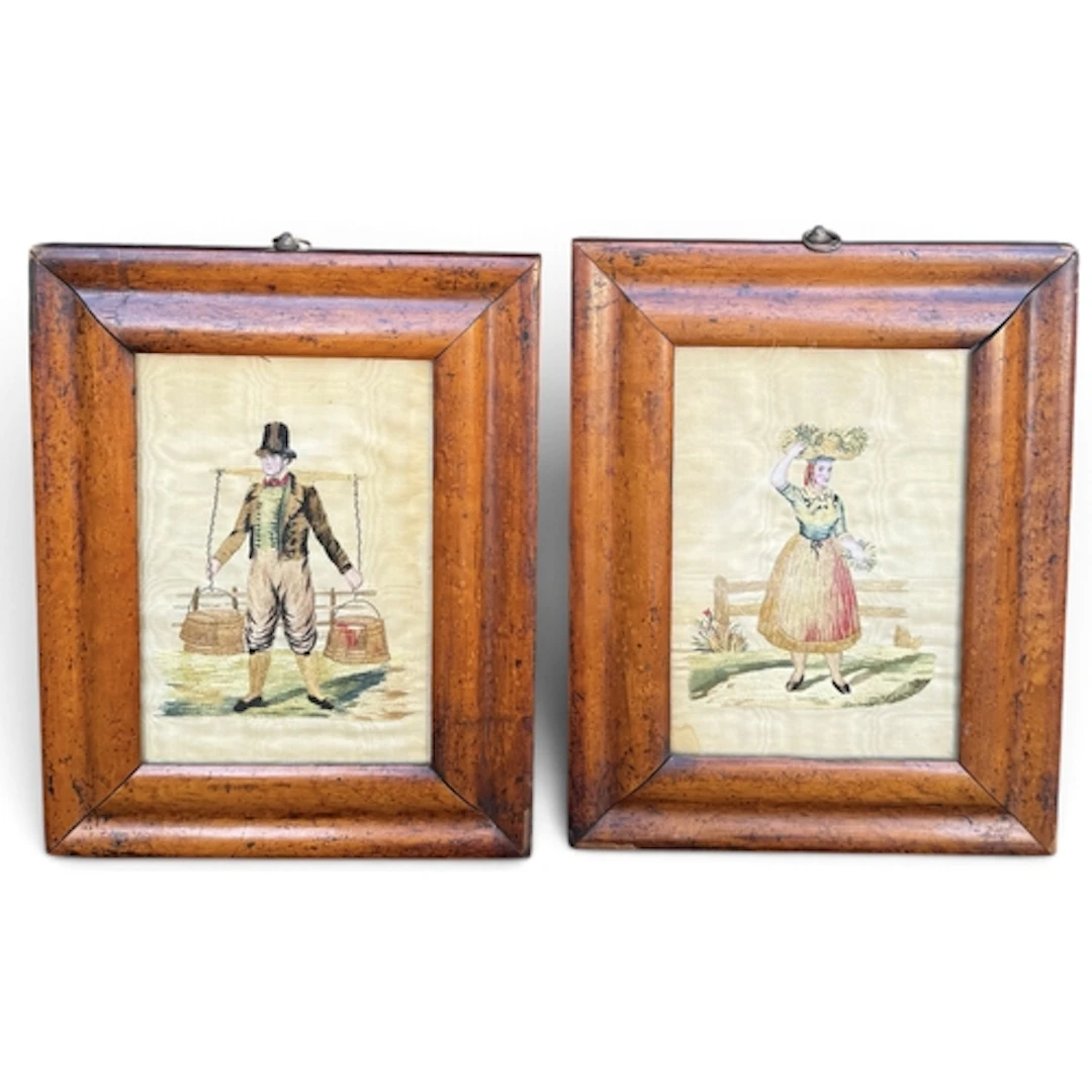 A PAIR OF EARLY 19TH CENTURY WOOLWORK EMBROIDERIES Depicting...