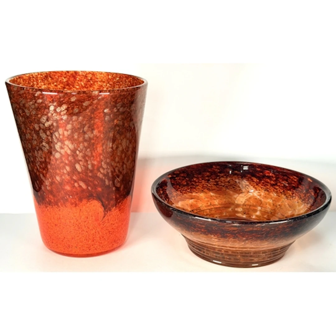 Two pieces of red Scottish studio glass both marked for Stra...