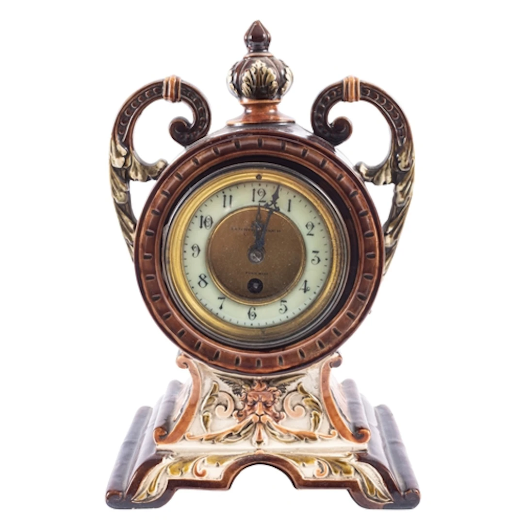 A late-Victorian French majolica mantel clock having an eigh...
