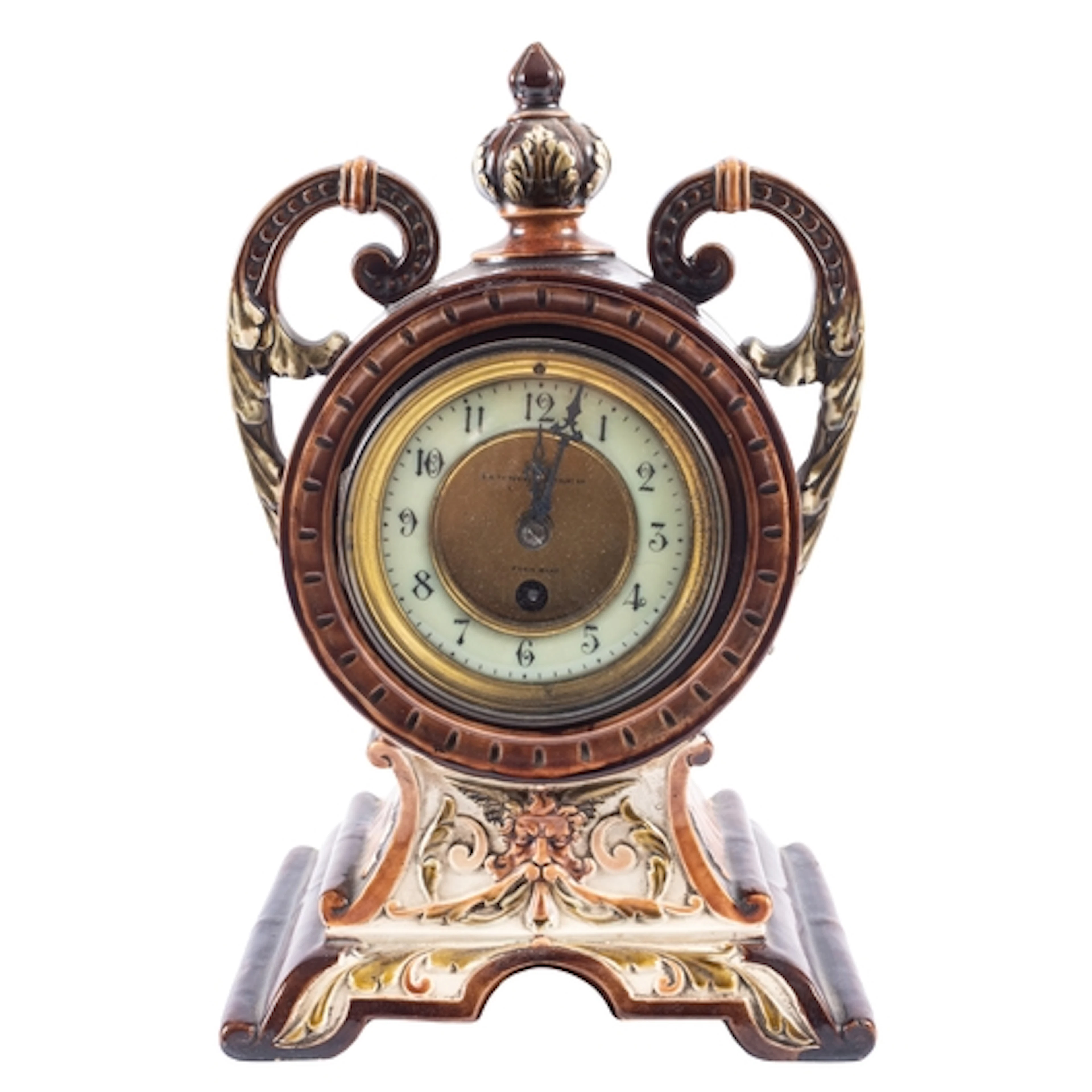 A late-Victorian French majolica mantel clock having an eigh...