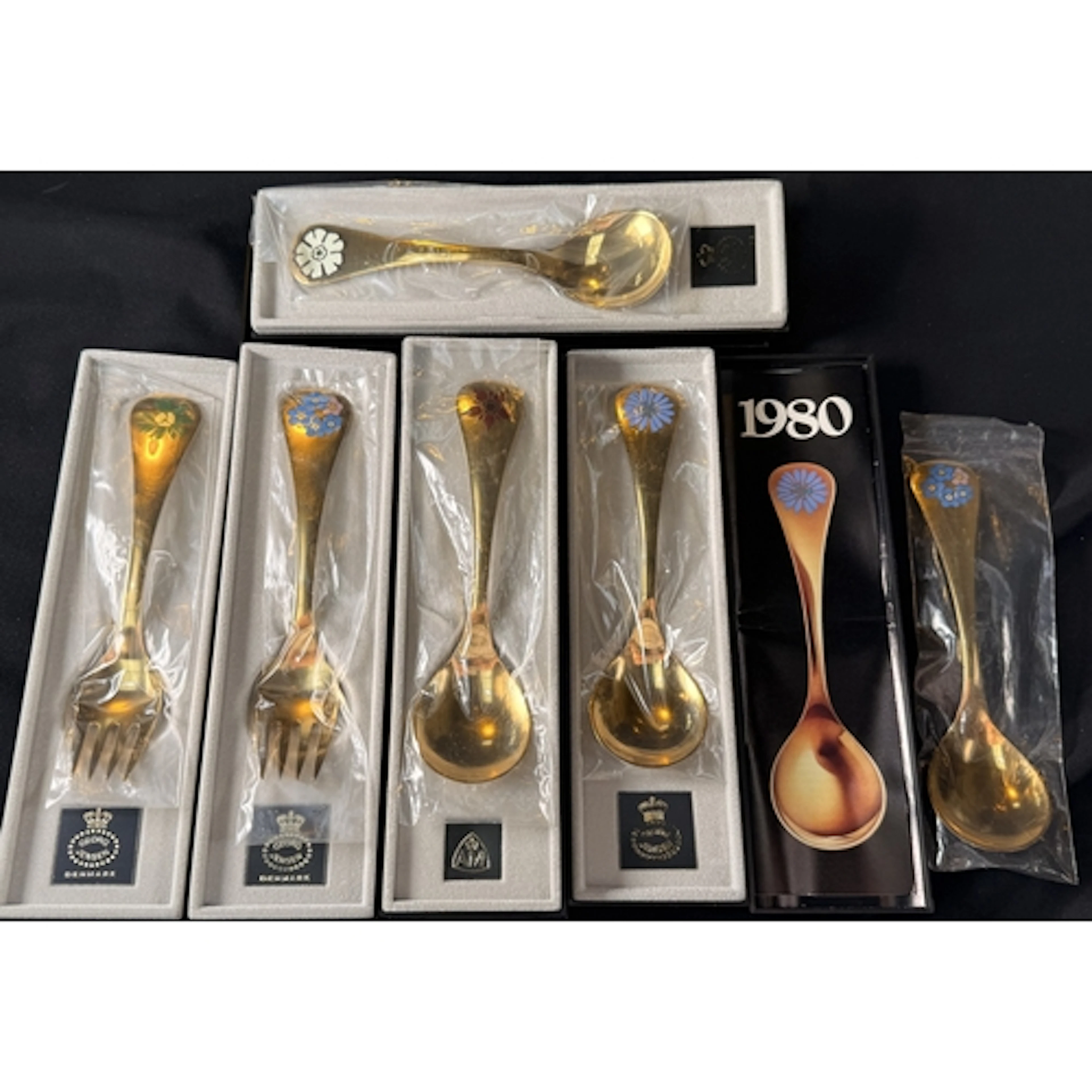 George Jensen: Six gold plated Sterling silver year spoons 1...