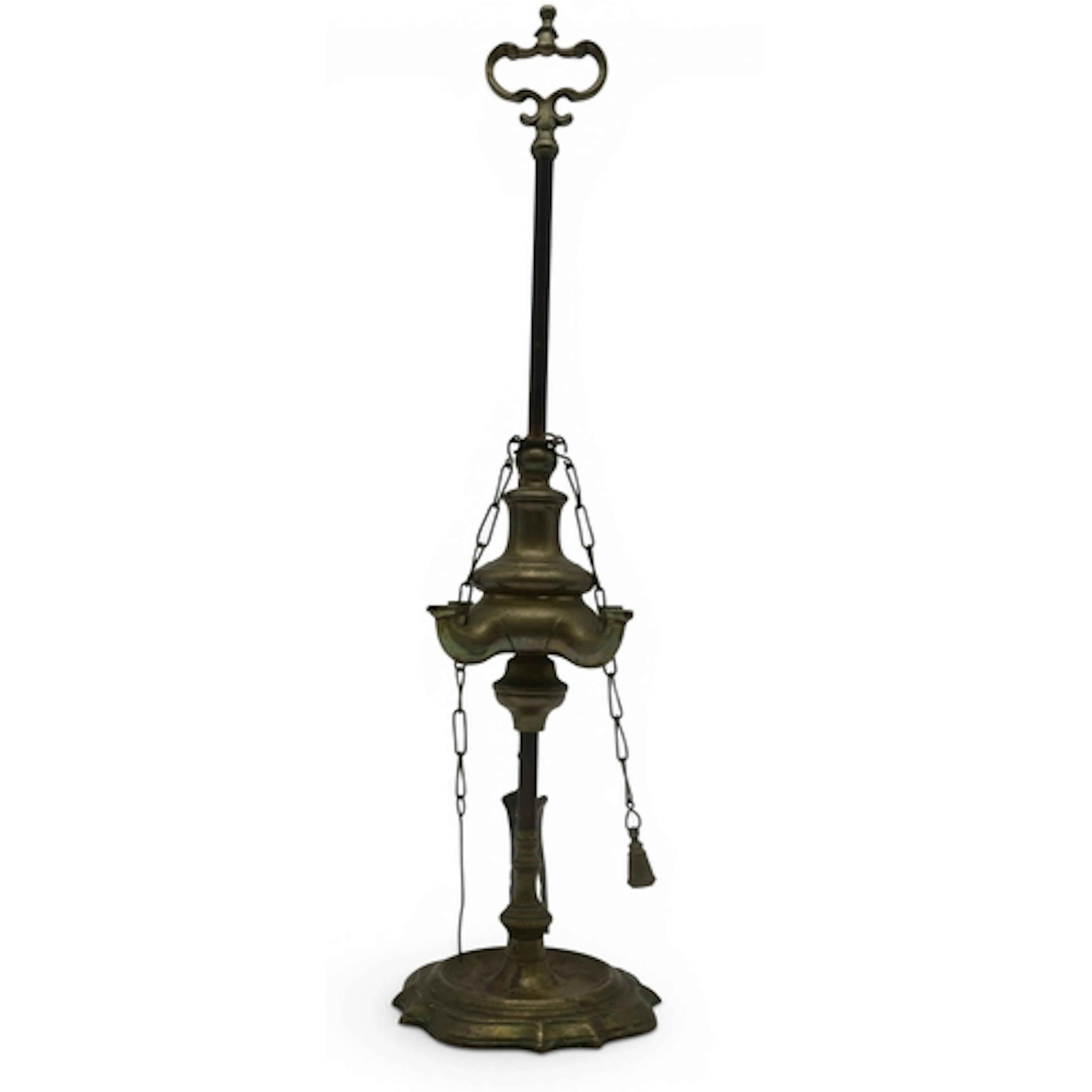 A patinated brass Lucerne oil lamp featuring a four-spout bu...