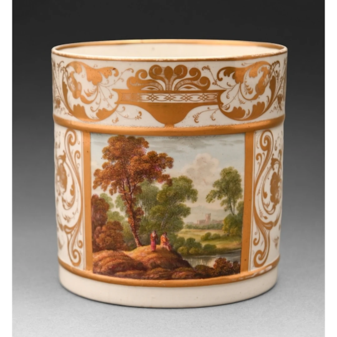 A Derby porter mug, c1820, painted with a square landscape p...