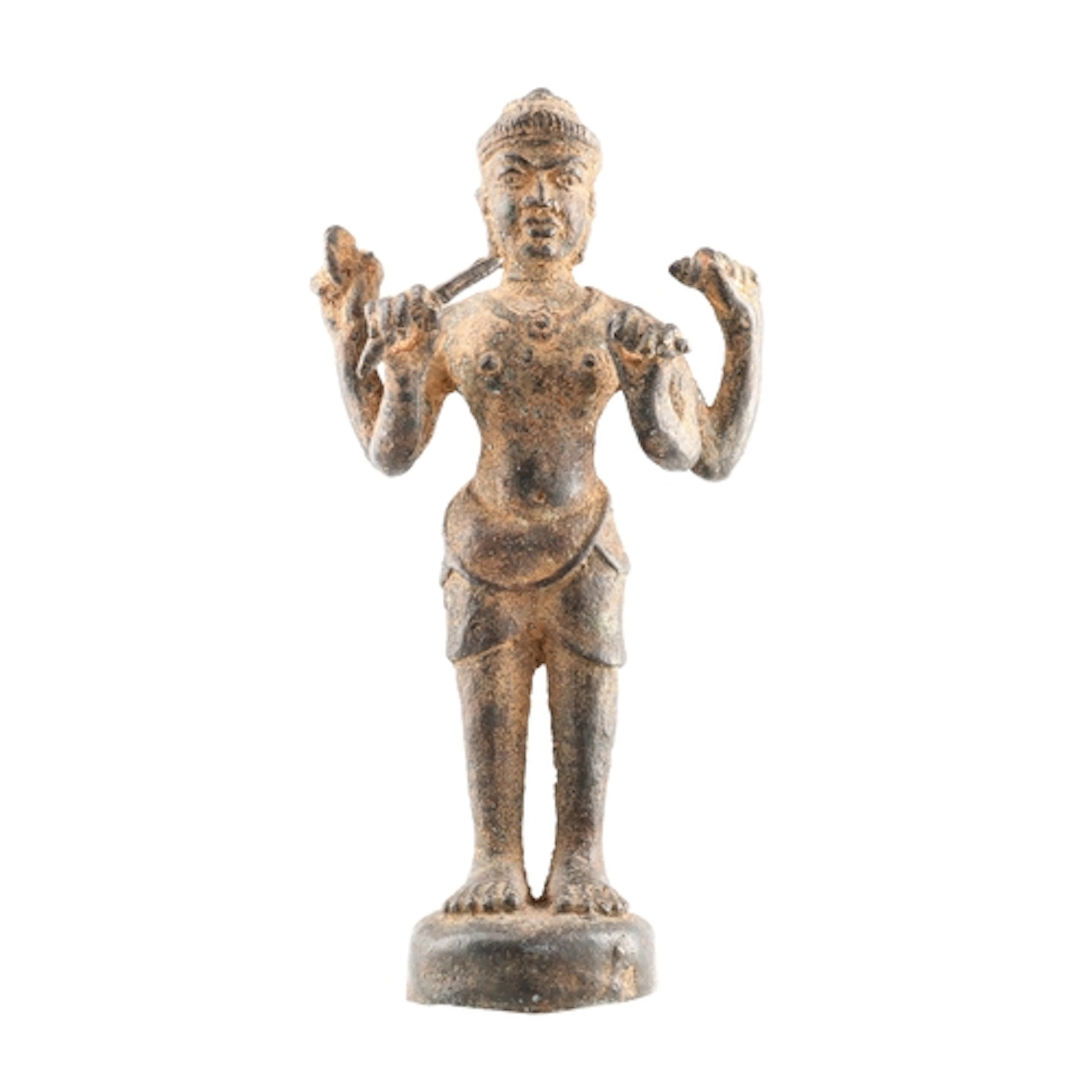 AN ANTIQUE BRONZE FIGURE OF A FOUR-ARMED VISHNU Holding the ...