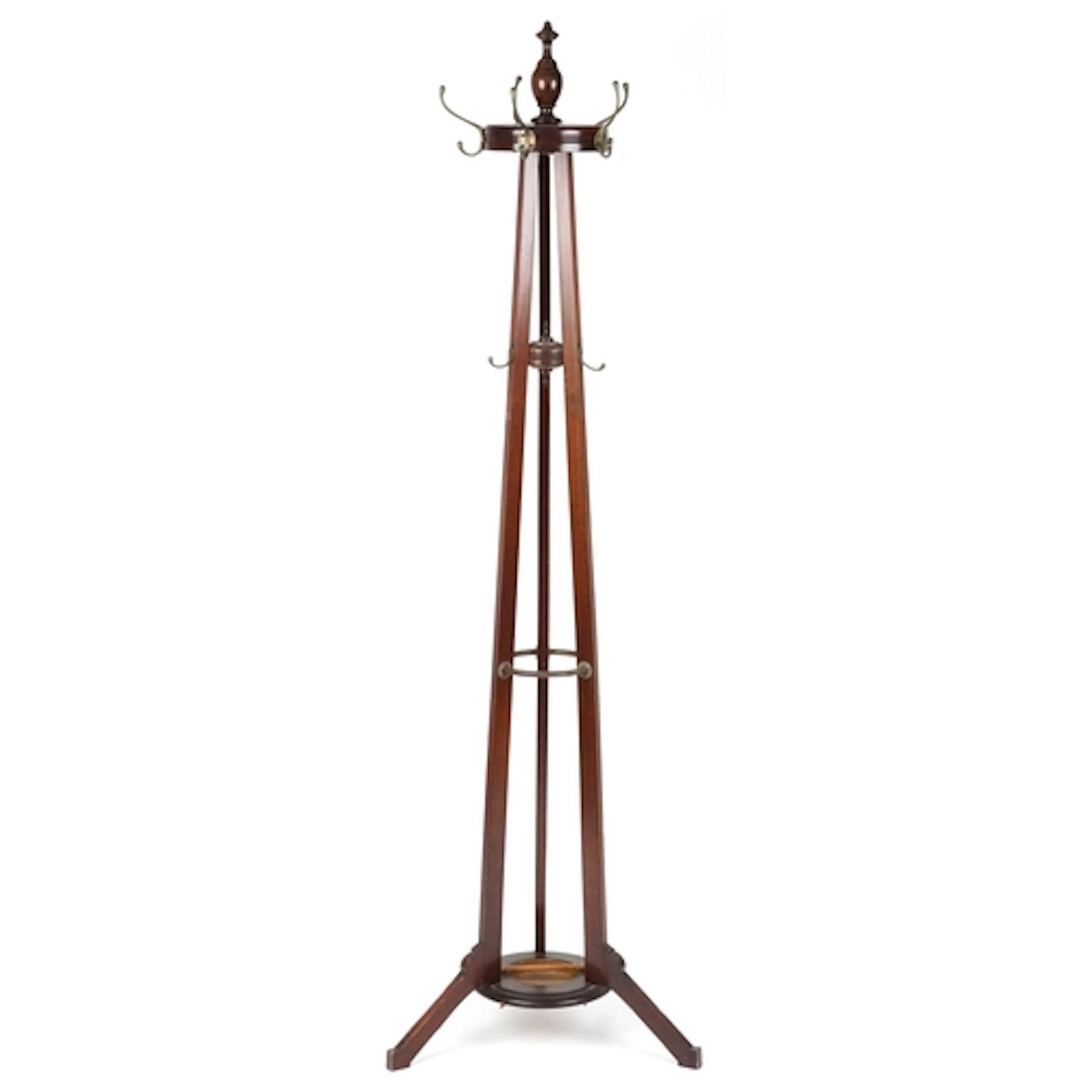 Edwardian mahogany hall stand with turned finial, brass coat...
