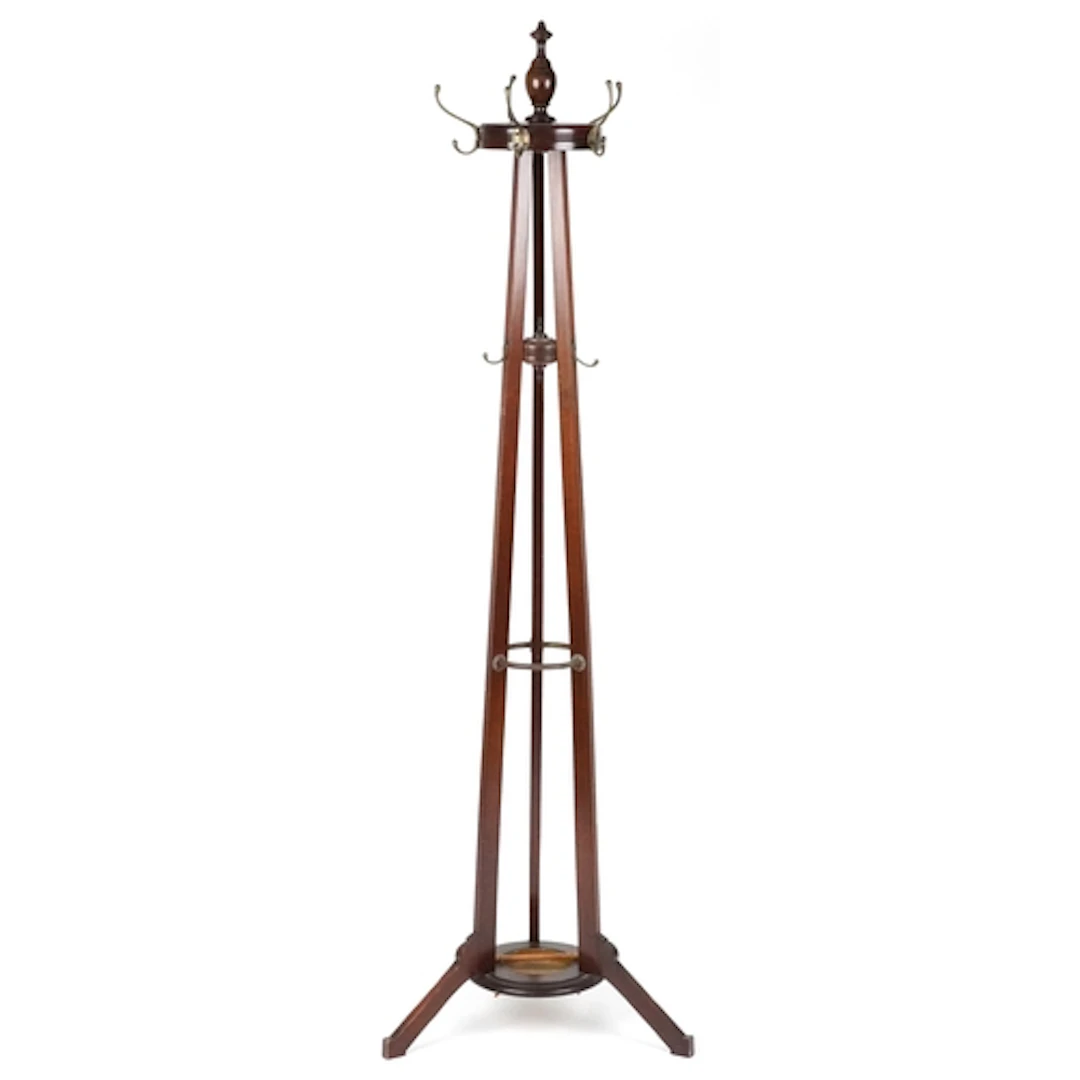 Edwardian mahogany hall stand with turned finial, brass coat...