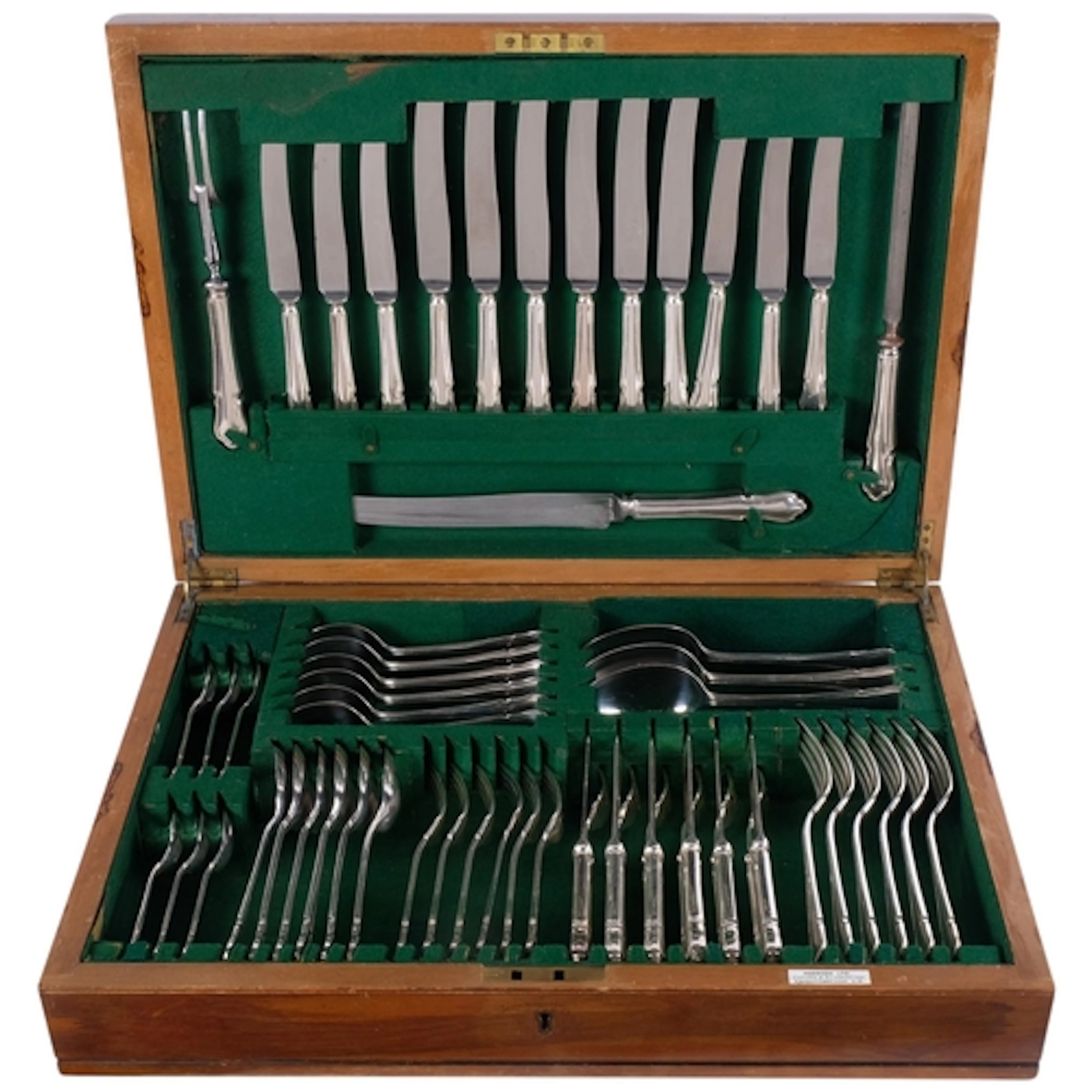 A canteen of silver plated cutlery, retailed by Harrods, in ...