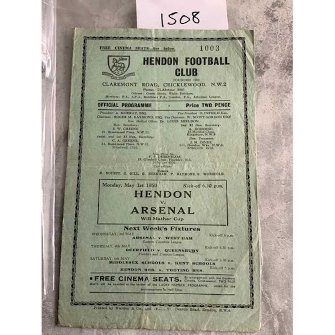 49/50 Hendon v Arsenal Football Programme: Will Mathers cup ...