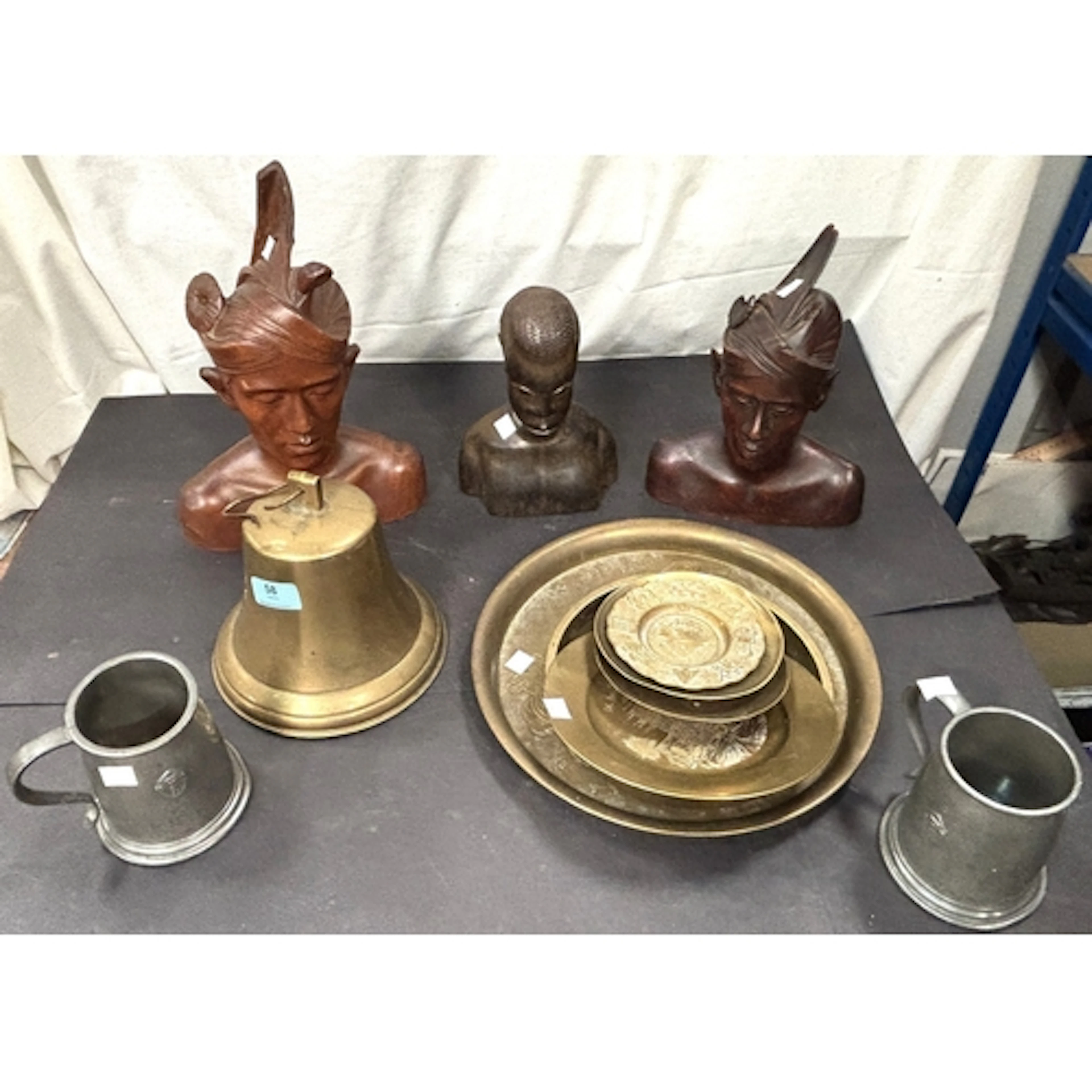 3 African/Eastern carved bush figures; a "Titanic" bell; 2 "...