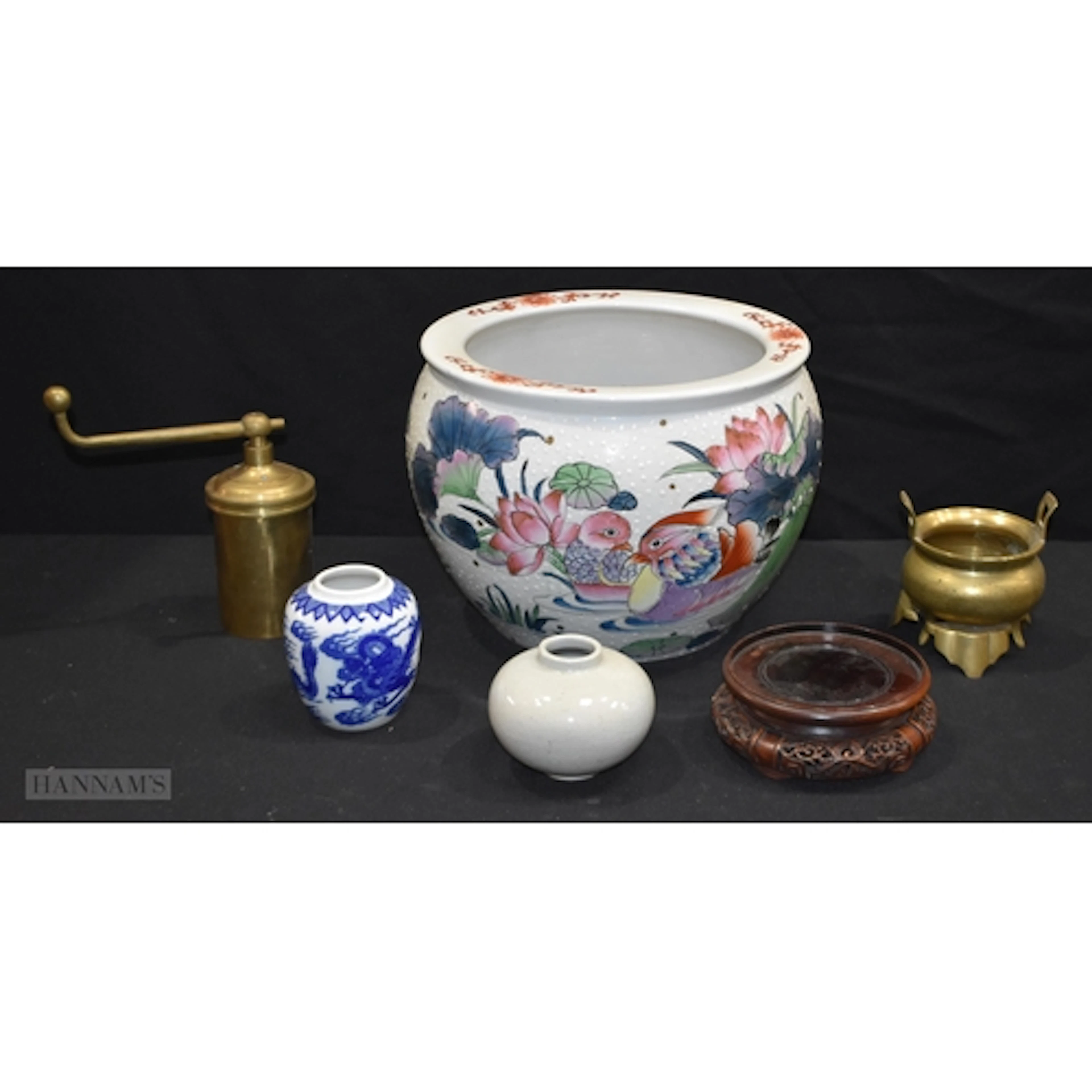 A Chinese porcelain planter together with a brass censer set...