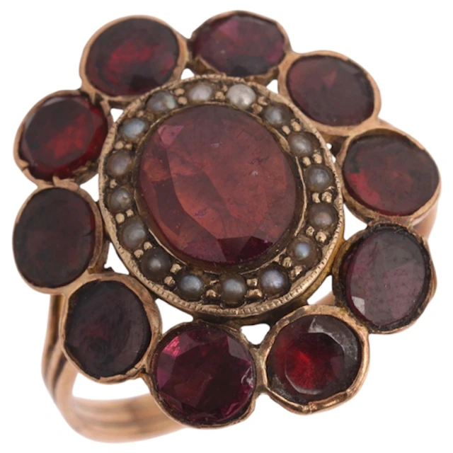 An Antique Georgian 9ct rose gold garnet and pearl cluster r...