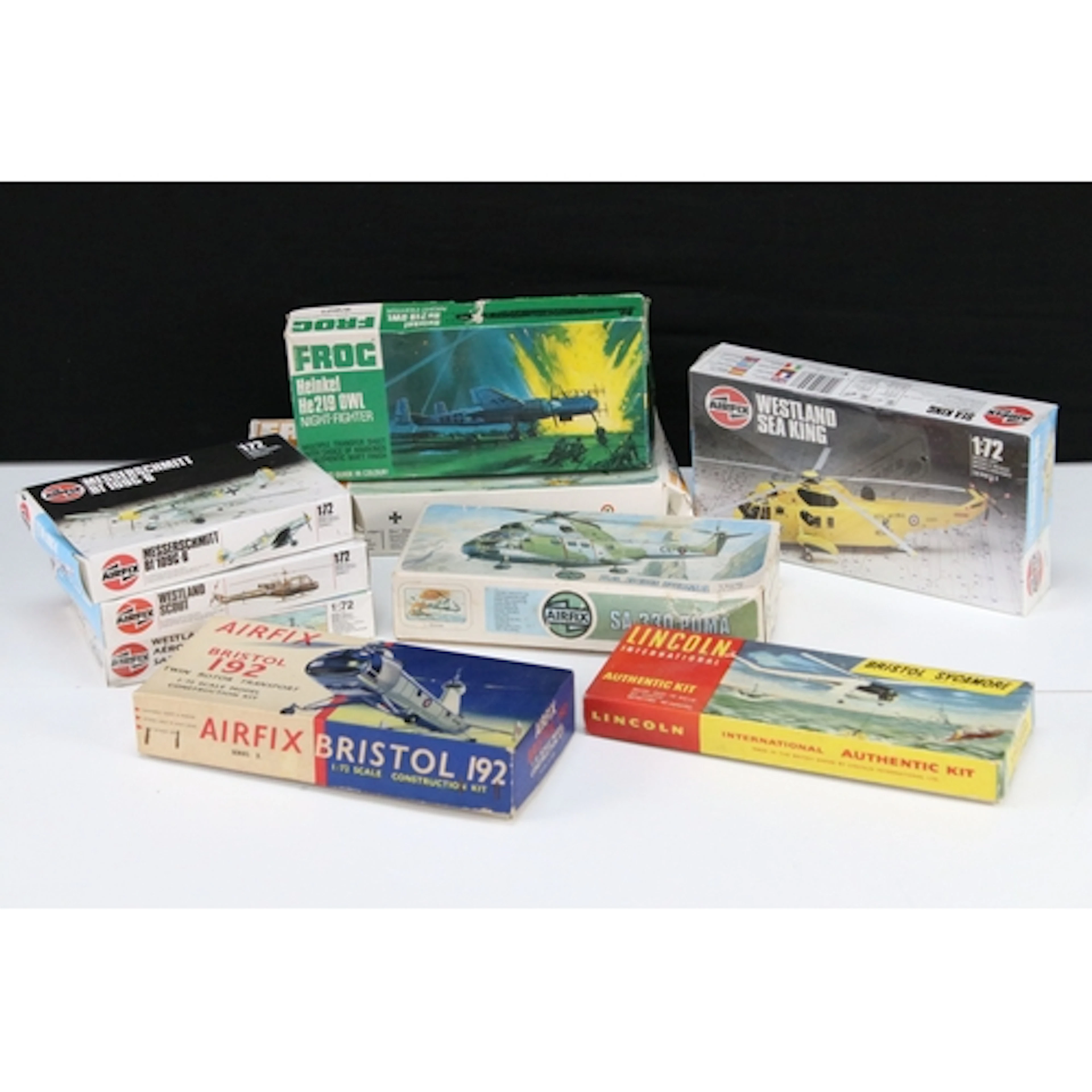 Ten boxed plastic model kits to include Airfix 1/72 SA.330 P...