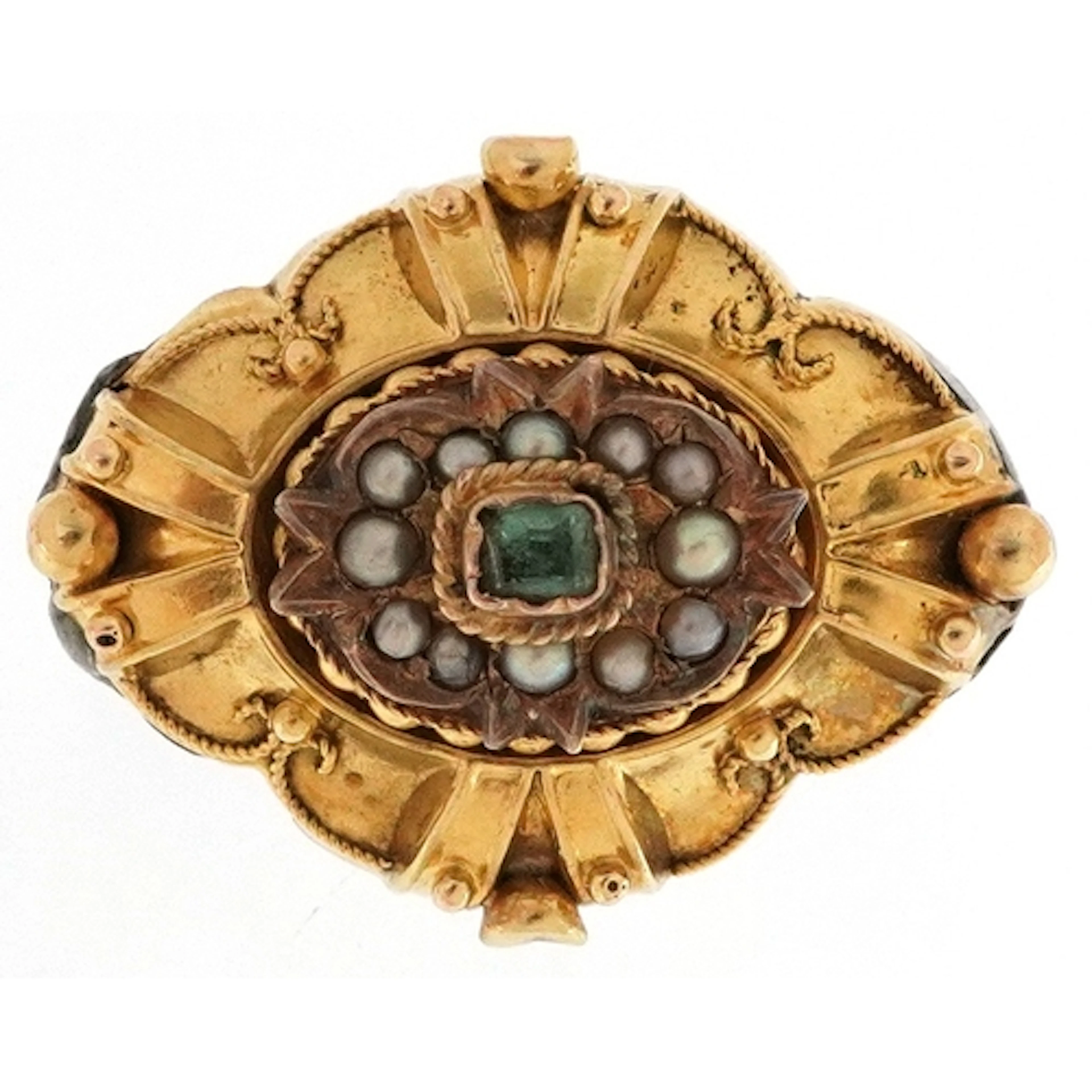 Victorian Etruscan Revival gilt metal seed pearl and green s...