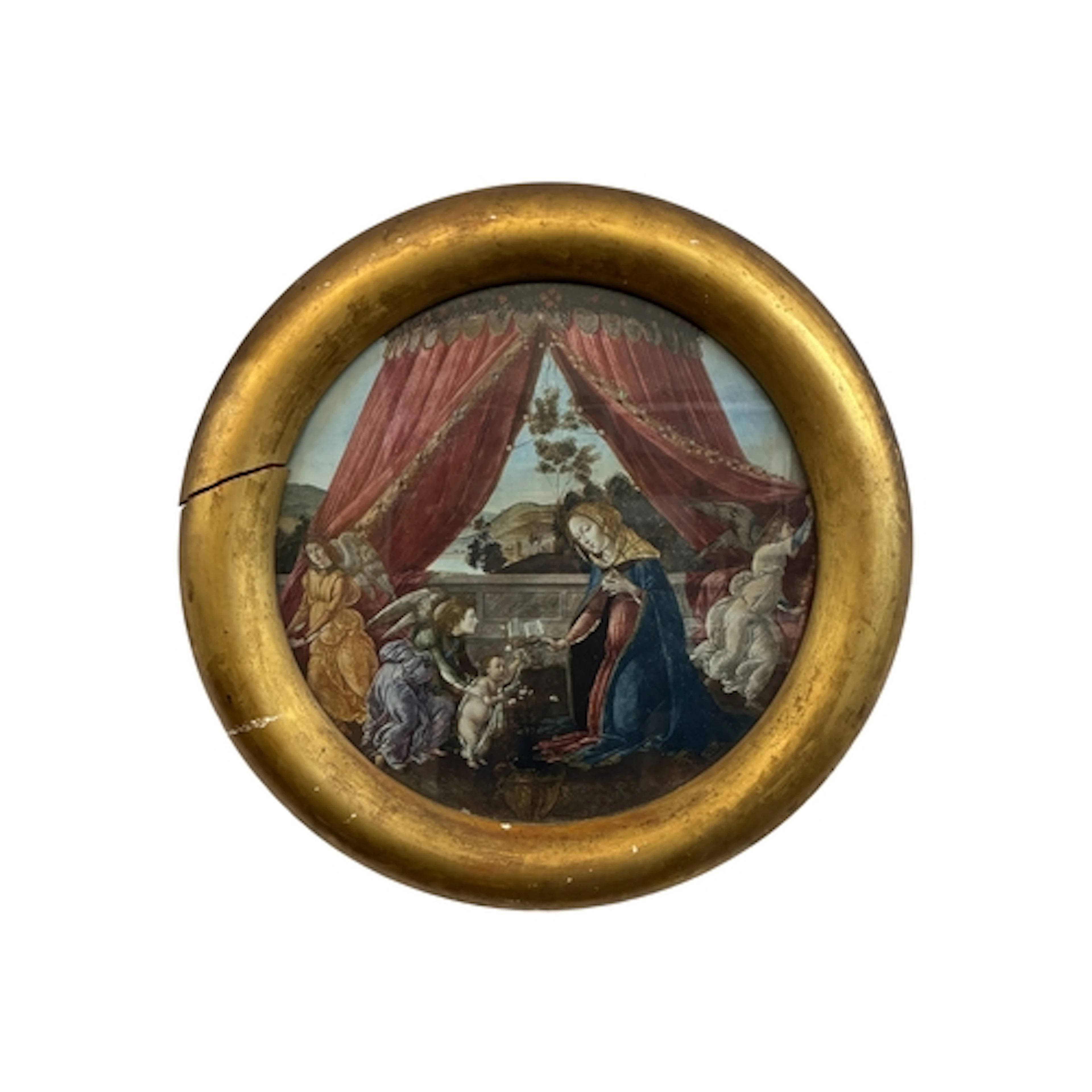 A circular gilt framed photogravure print of Madonna del Pad...