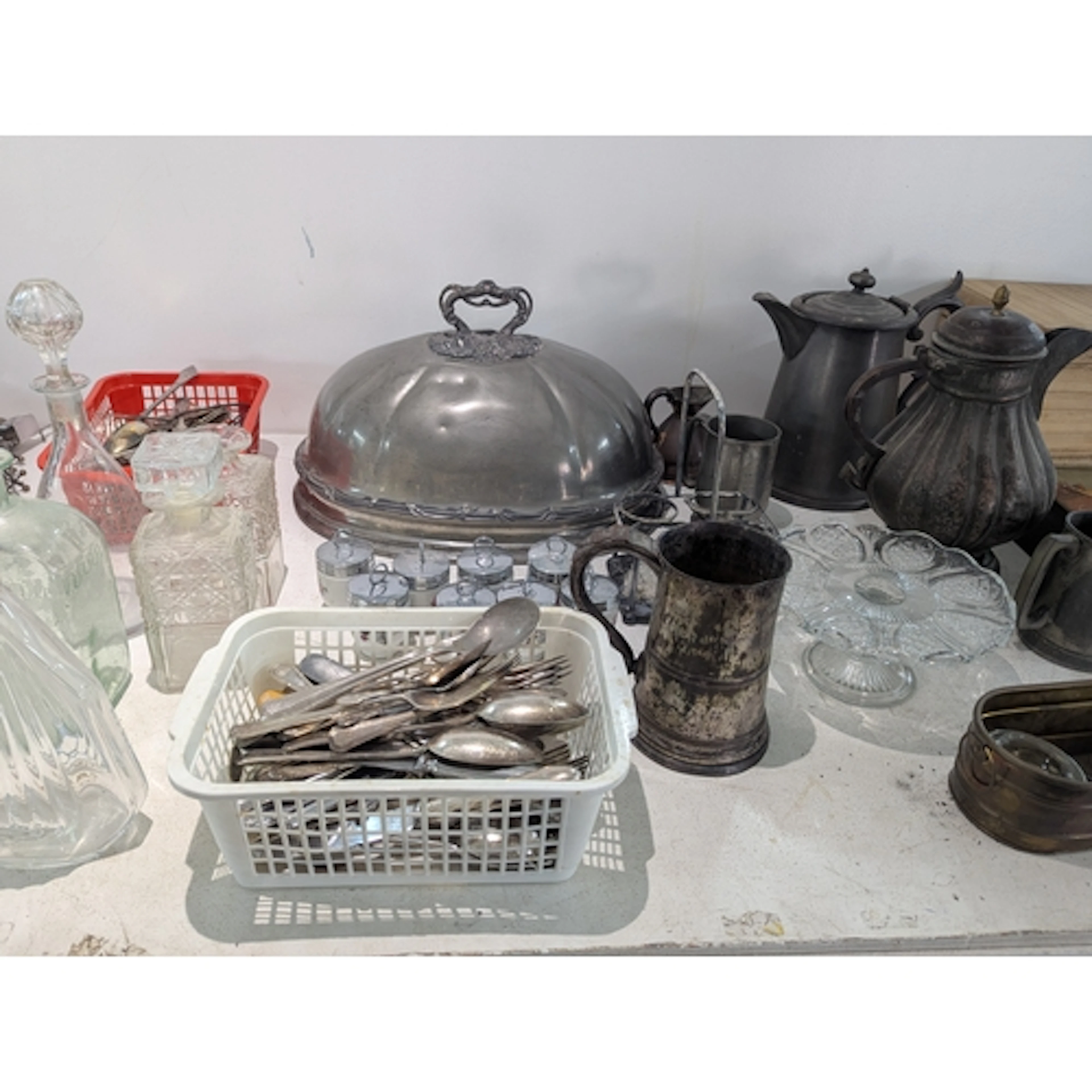 Mixed metal and glass ware to include a large pewter meat co...
