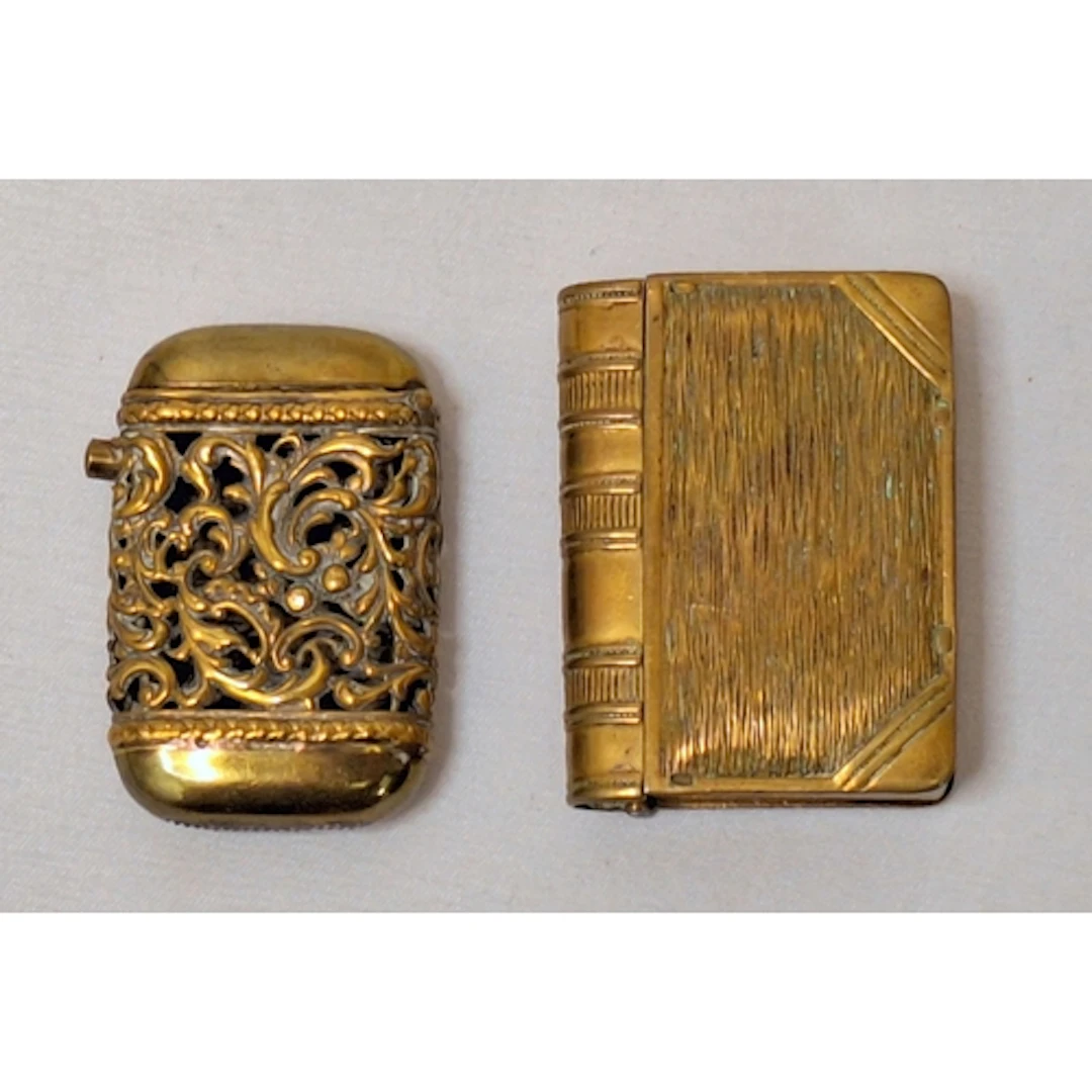 2 Antique Brass Vesta Cases incl. in the form of a book & wi...