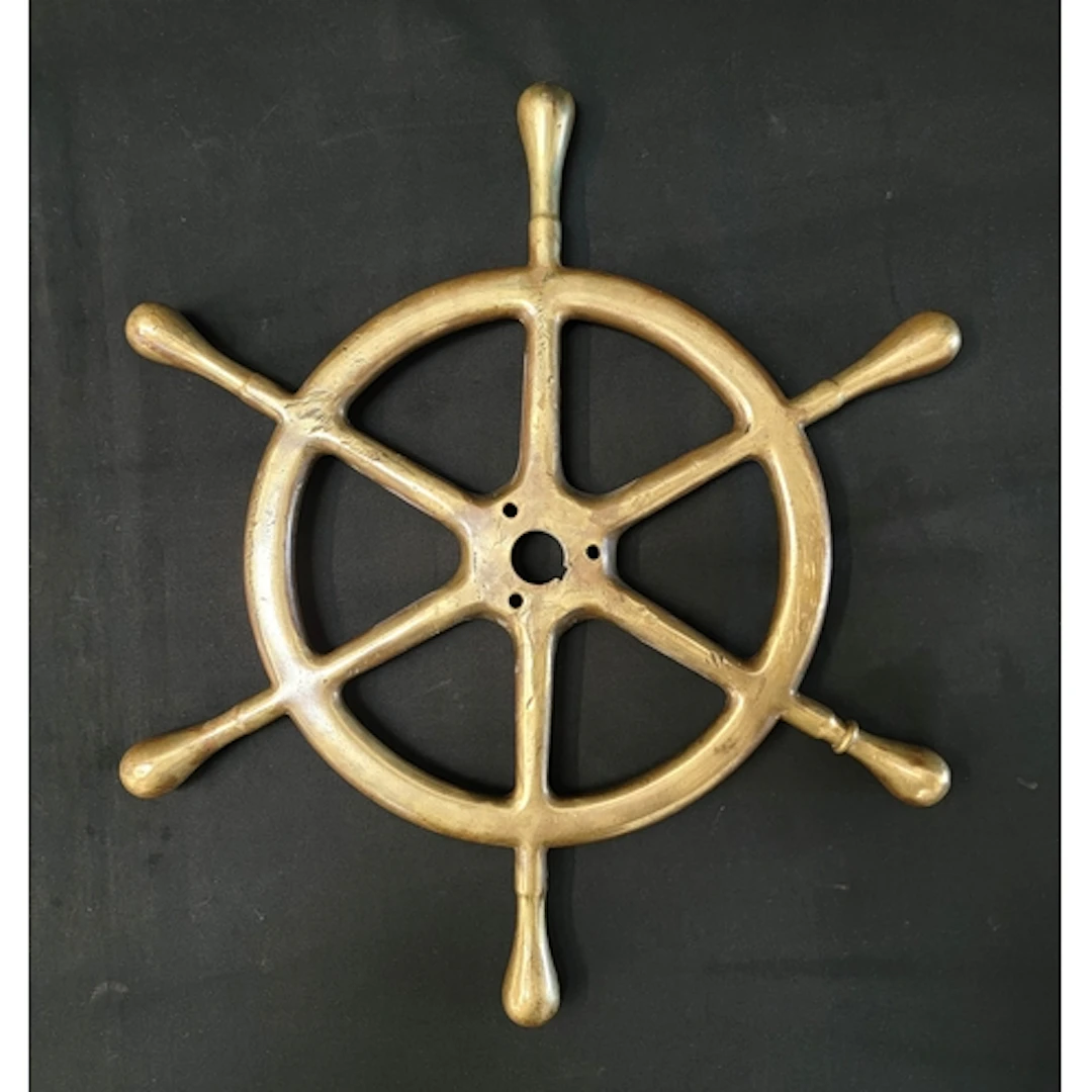 SOLID BRASS SIX-SPOKE VINTAGE SHIP'S STEERING WHEEL with six...