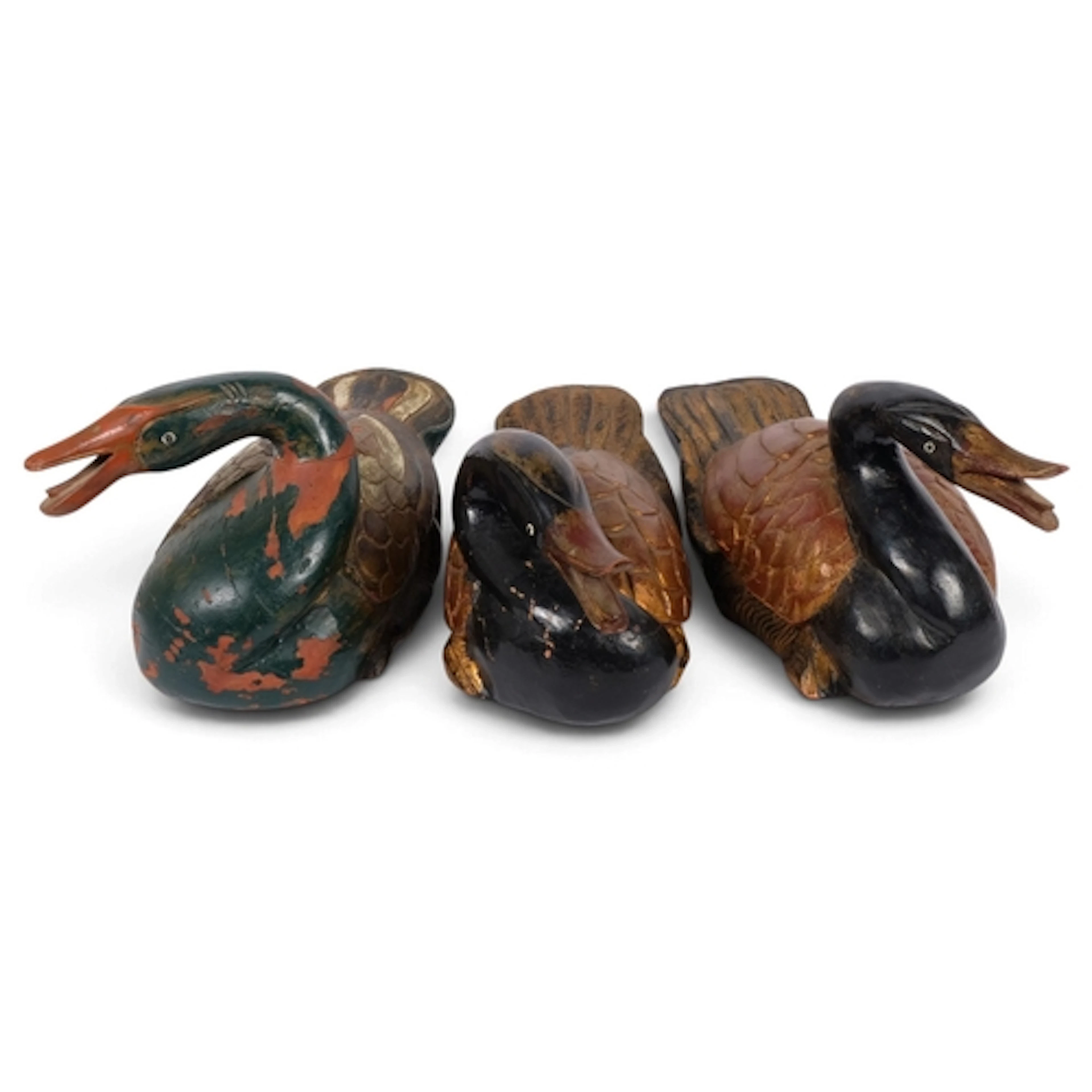 3 Asian carved and painted wood ornamental geese, L33cm