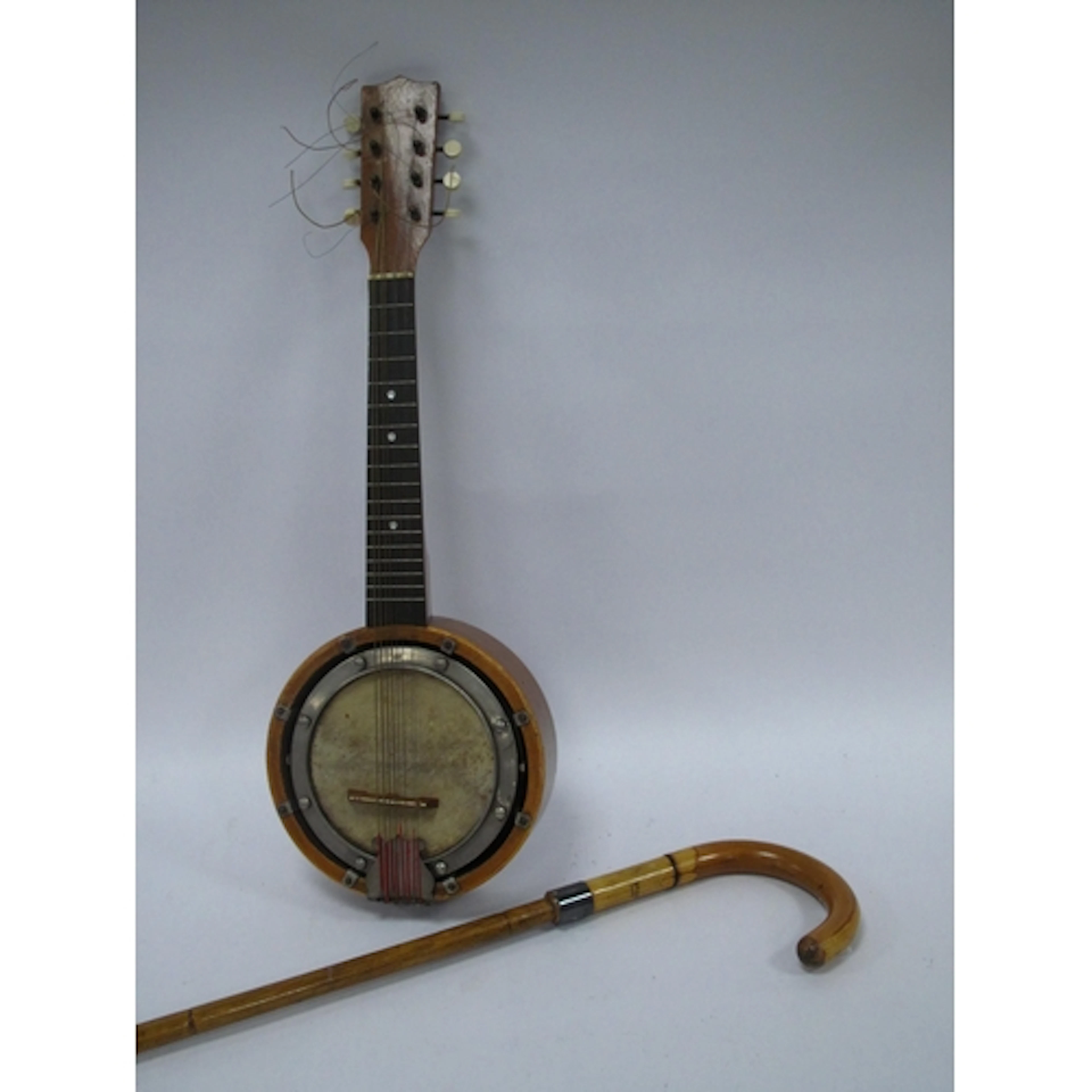 A Vintage Banjo with Brigg London Silver Collar Walking Stic...