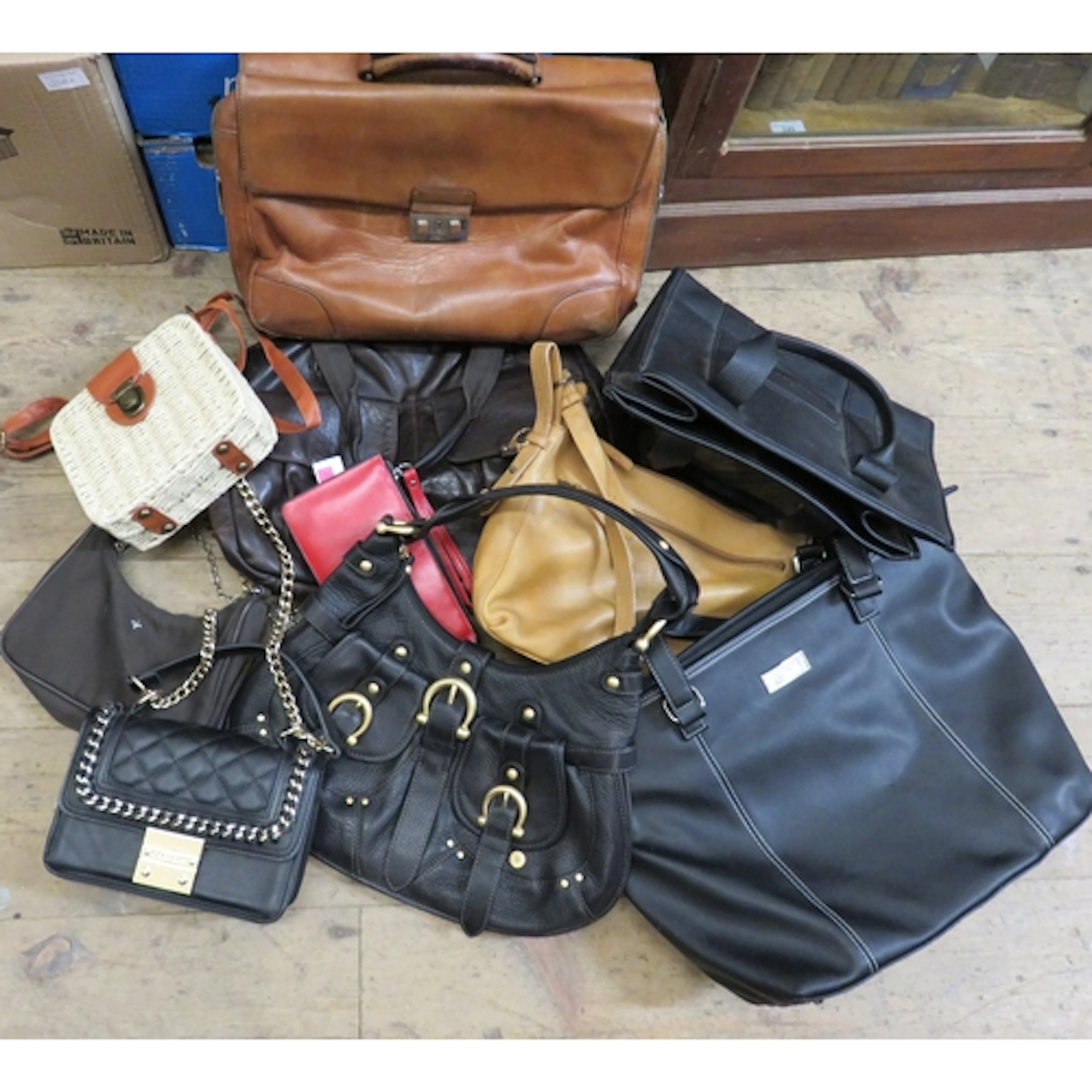 Hugo Boss tan leather briefcase, together with a Radley leat...