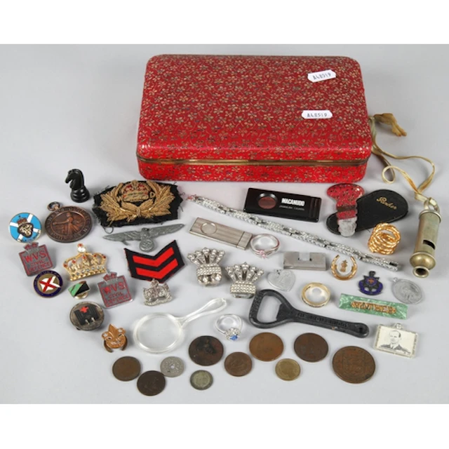 A box of assorted jewellery , badges etc, to include 1939 wh...