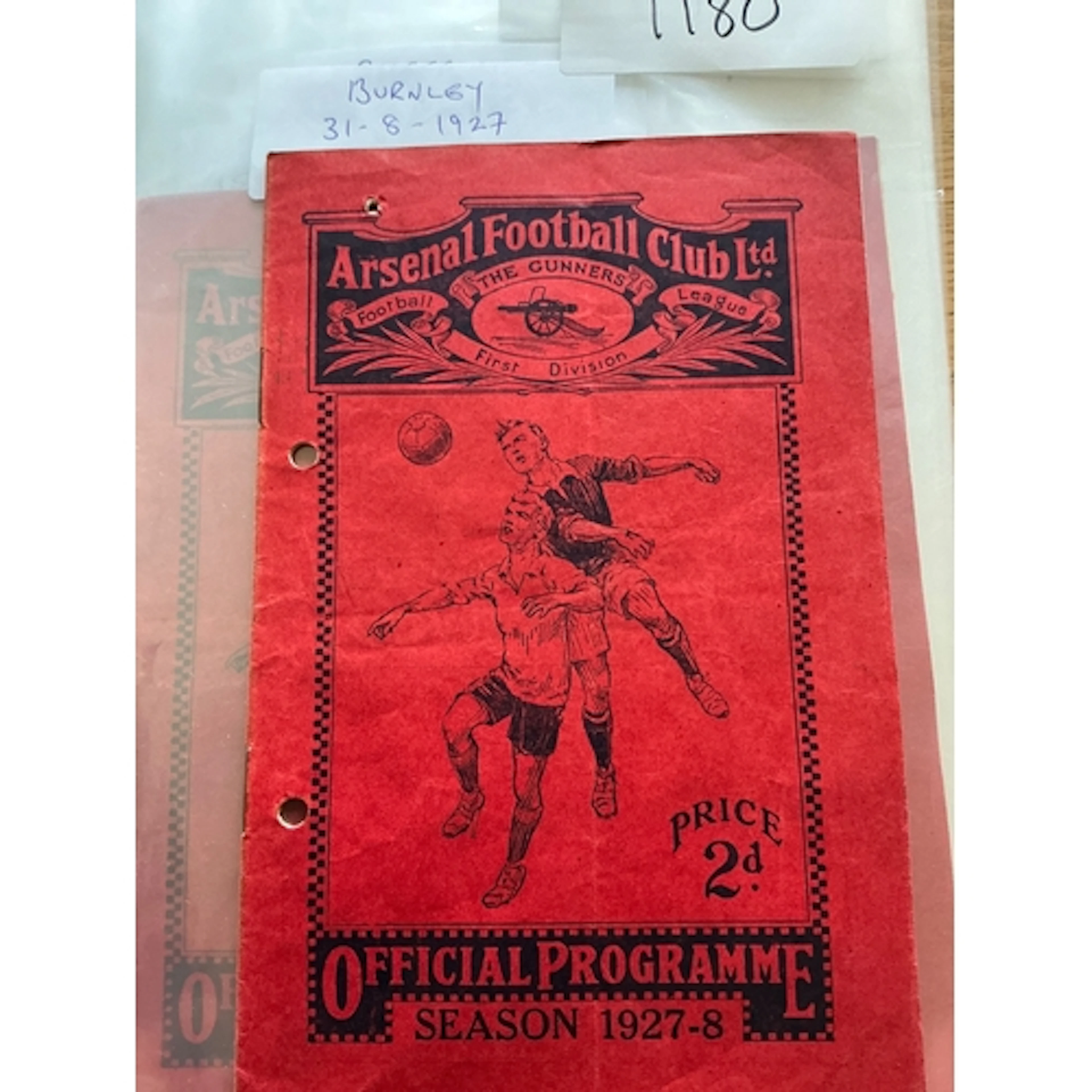 1927 - 1928 Arsenal v Burnley Football Programme: Punch hole...