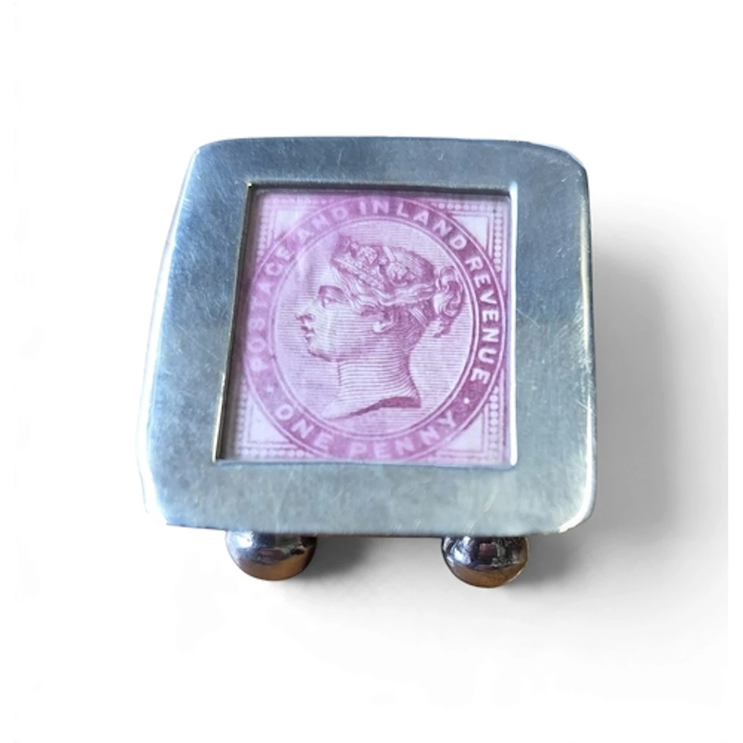 A 925 Silver miniature desk stamp Box with inserted stamp.