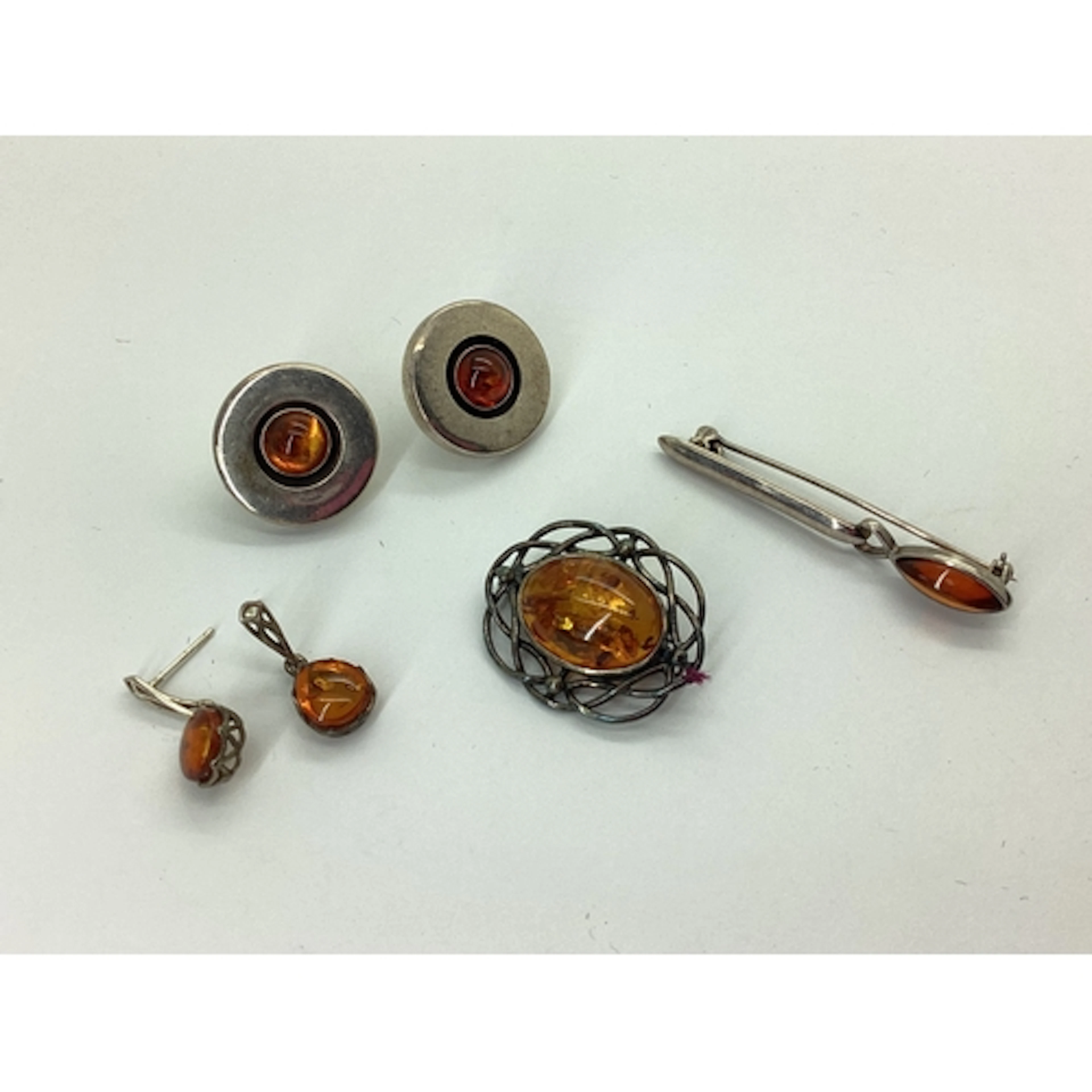 Amber Inset Circular Panel Earrings, stamped "925"; oval ope...