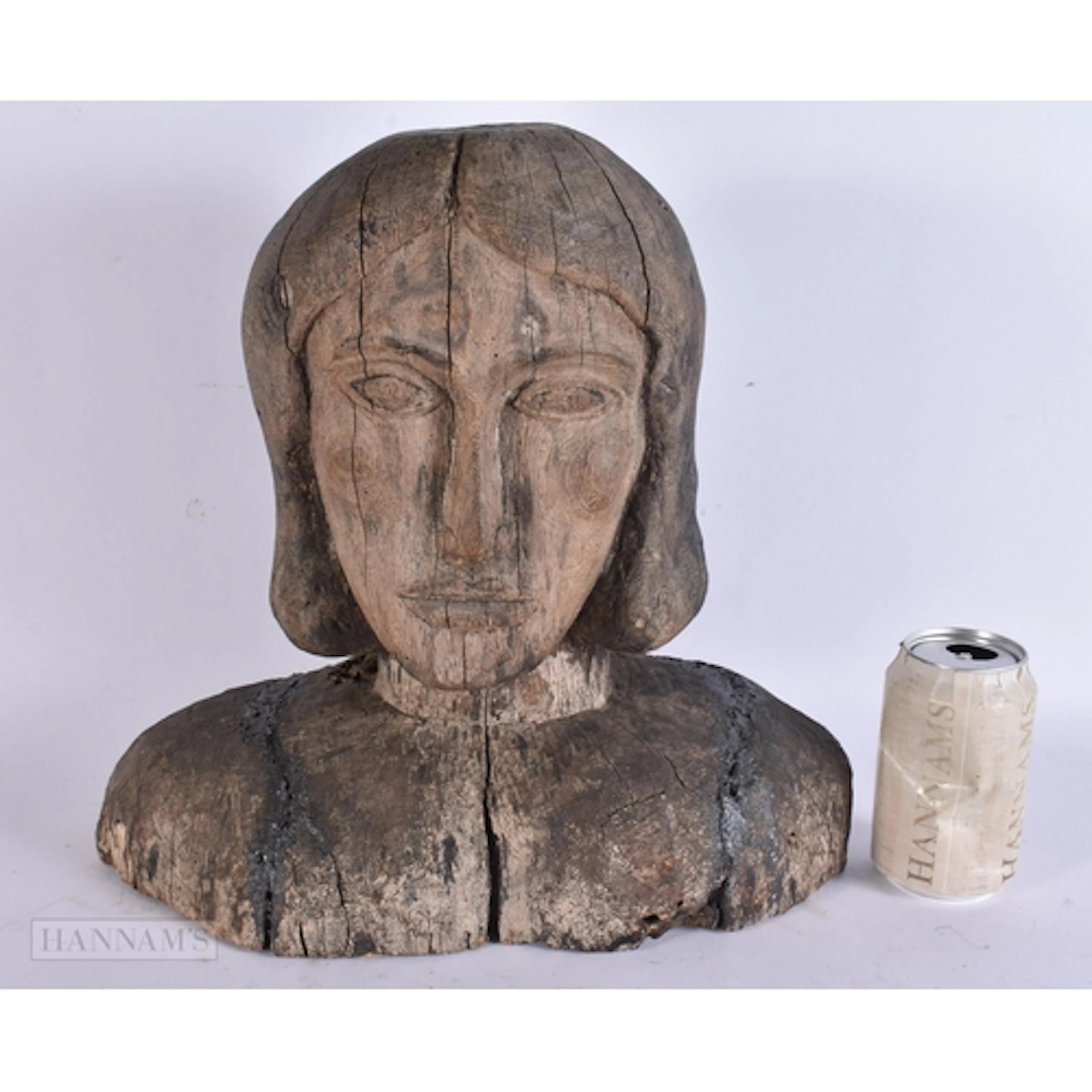 AN ANTIQUE CARVED FOLK ART WOOD BUST OF A MALE. 34 cm x 34 c...
