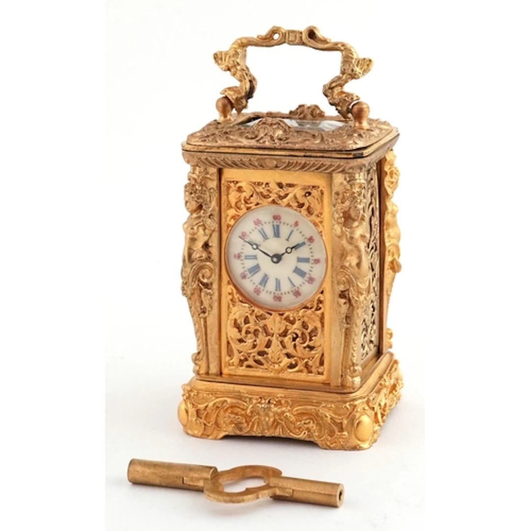 Miniature gilt brass Rococo style carriage clock with swing ...