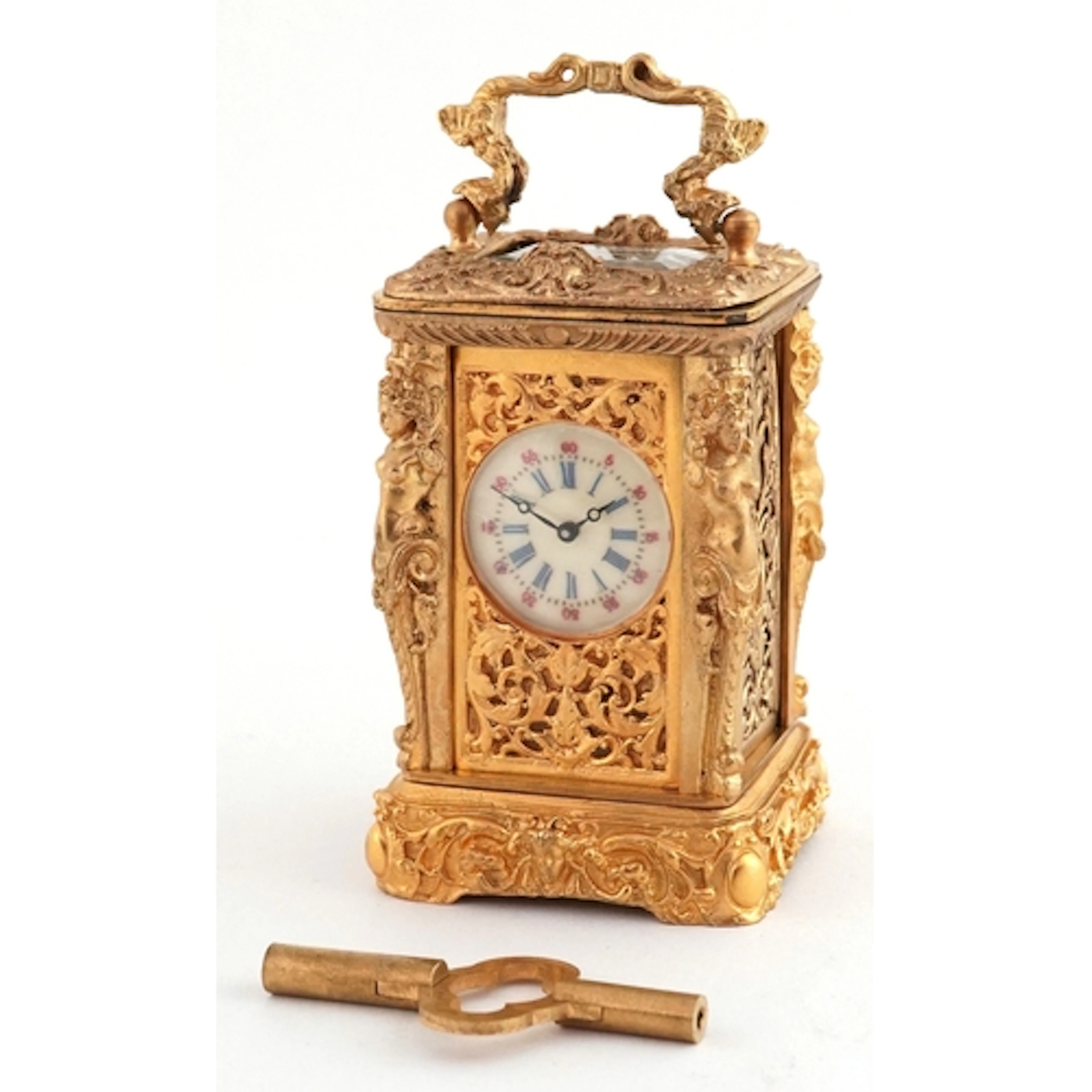 Miniature gilt brass Rococo style carriage clock with swing ...