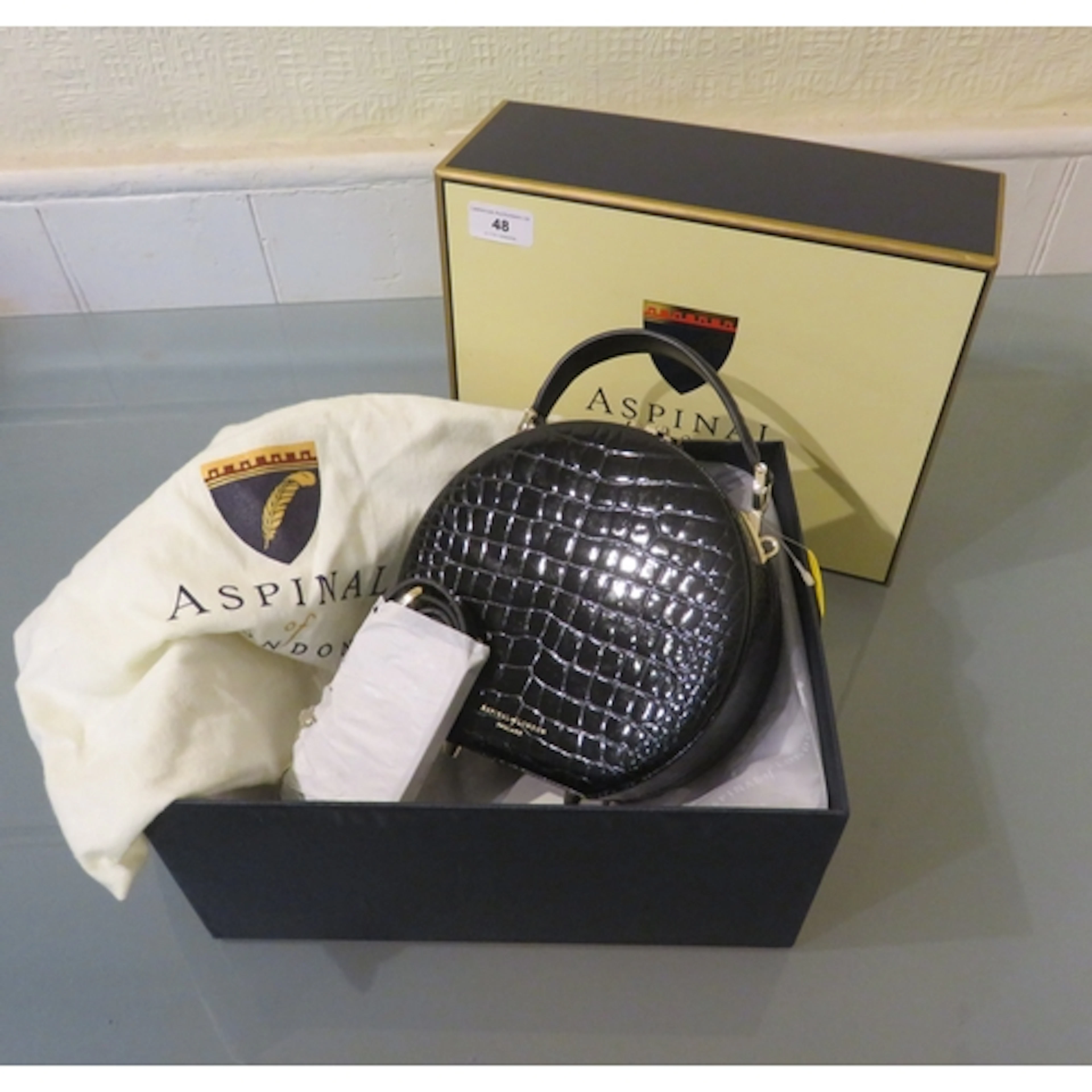 Aspinal Hat Box black patent crocodile handbag with detachab...
