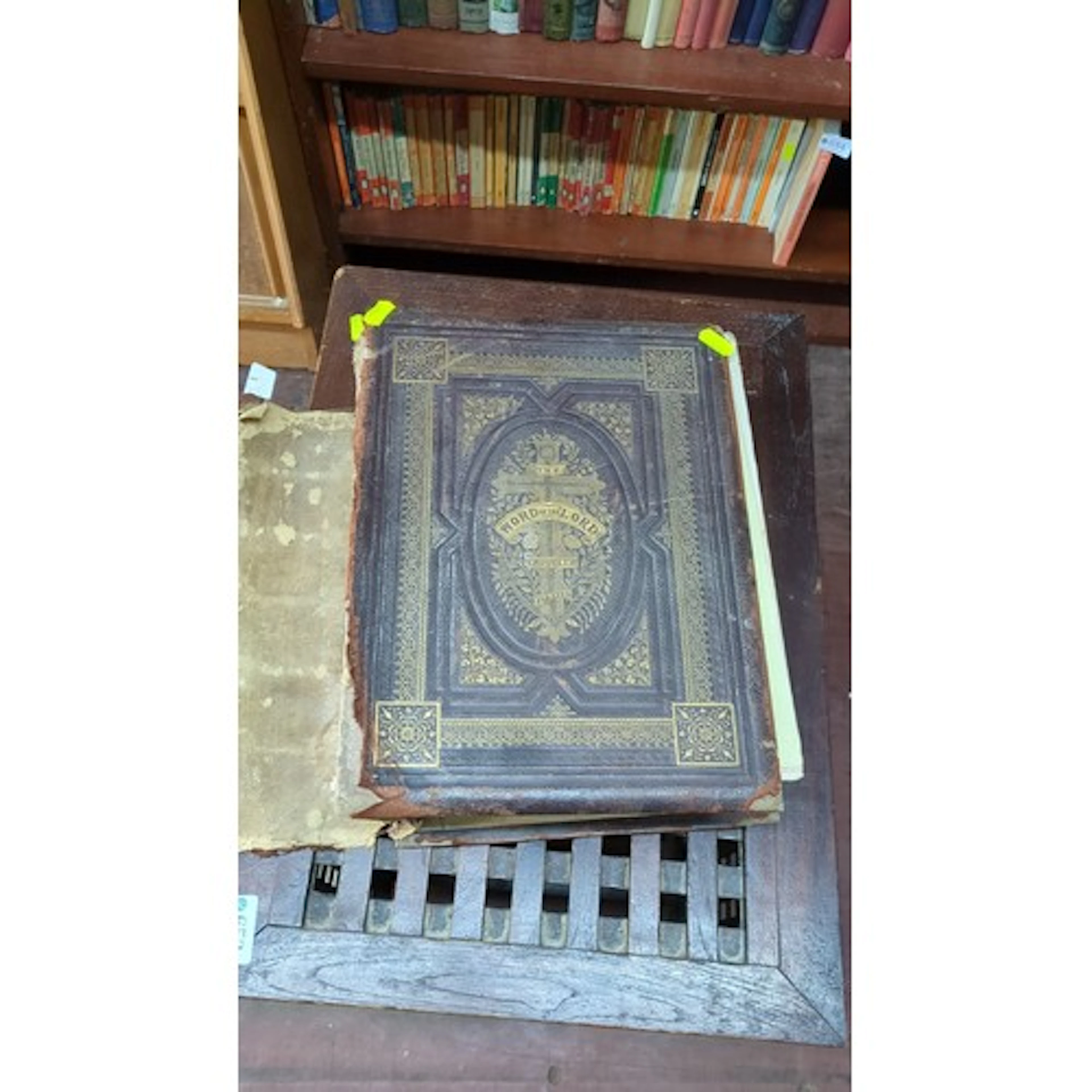 Antique gilt-tooled leather-bound Bible, the cover centred b...