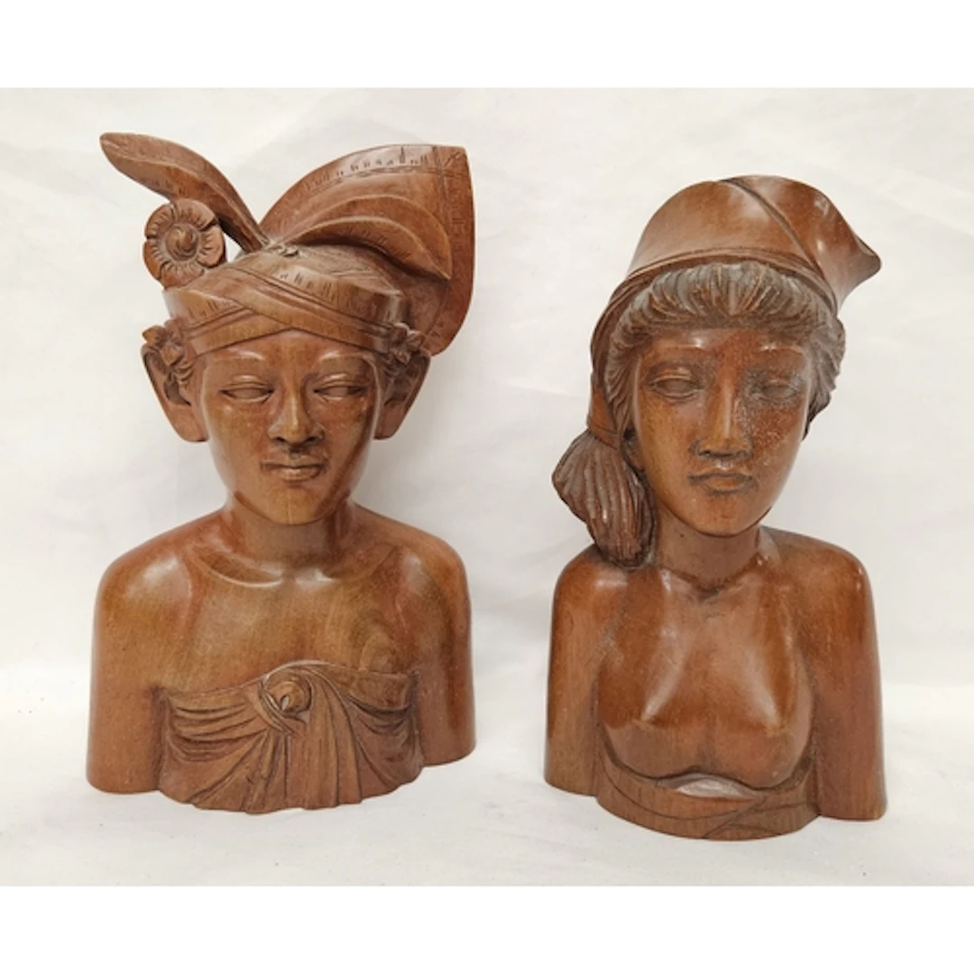 2 Balinese Wooden Carved Busts, man & woman tallest approx. ...