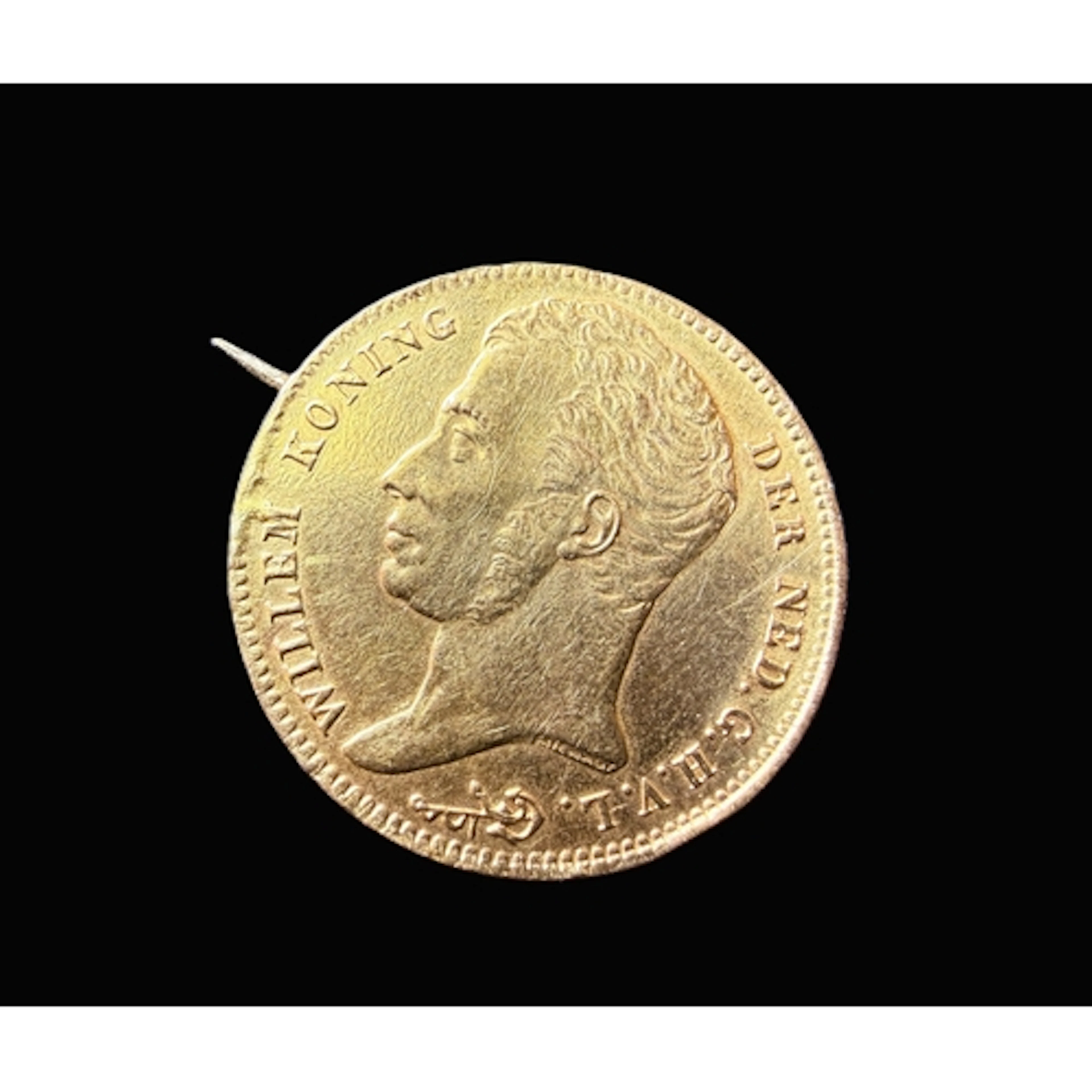 An 1825 10 Guilder Dutch coin converted into brooch with yel...