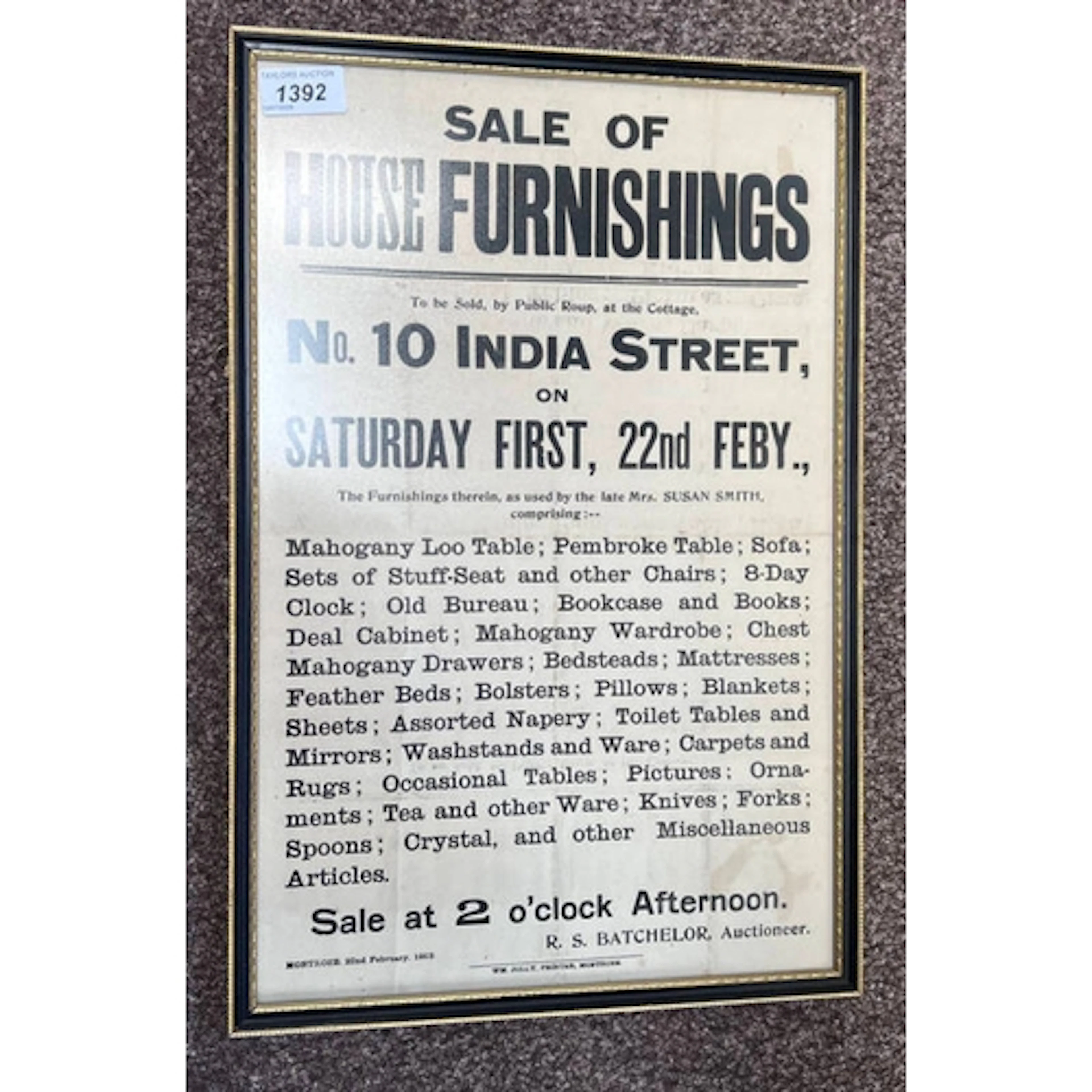 FRAMED POSTER - ''SALE OF HOUSE FURNISHINGS TO BE SOLD BY PU...