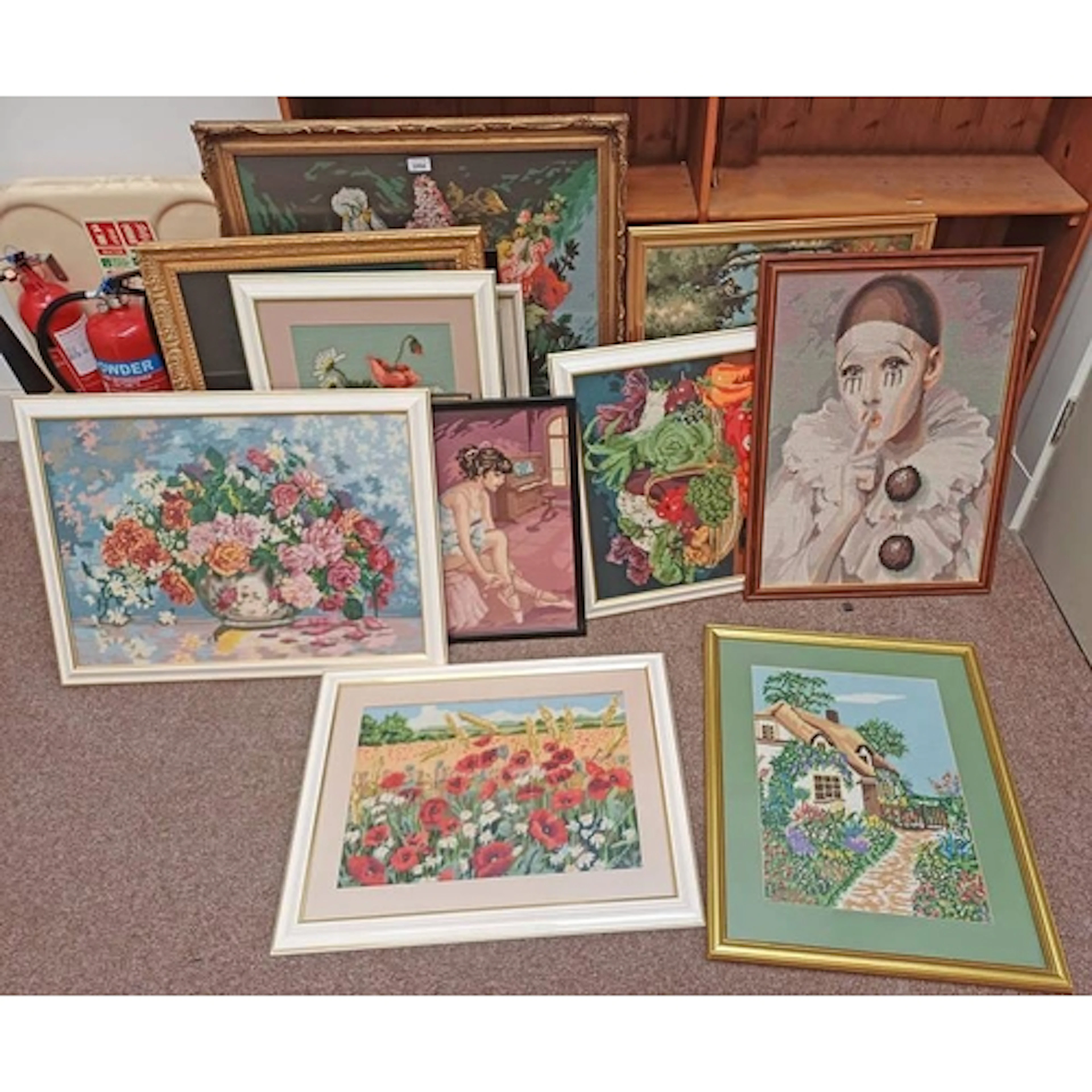 LARGE SELECTION OF EMBROIDERY PICTURES OF VARIOUS SCENES, LA...