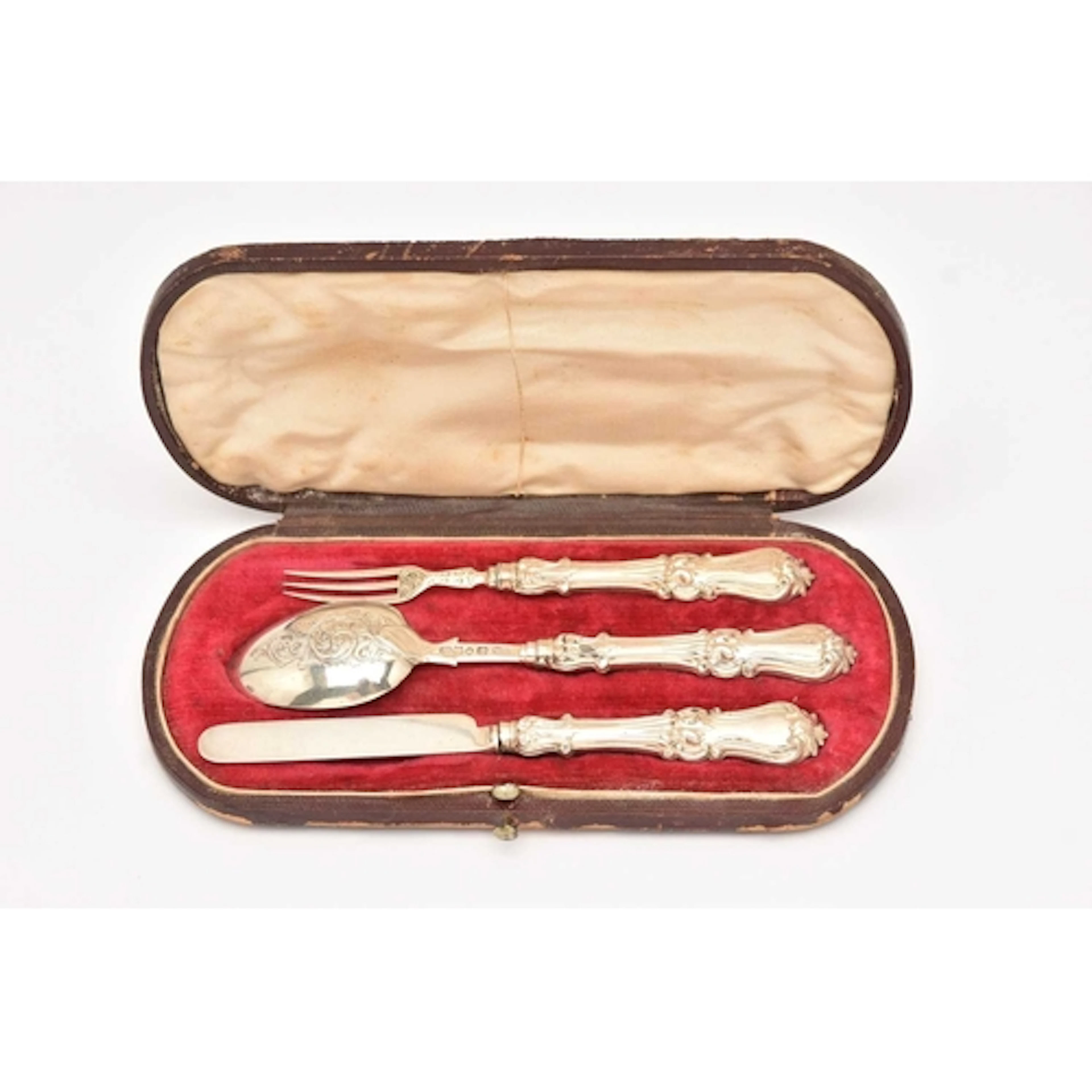 VICTORIAN SILVER CASED CHRISTENING SET, to include a knife, ...