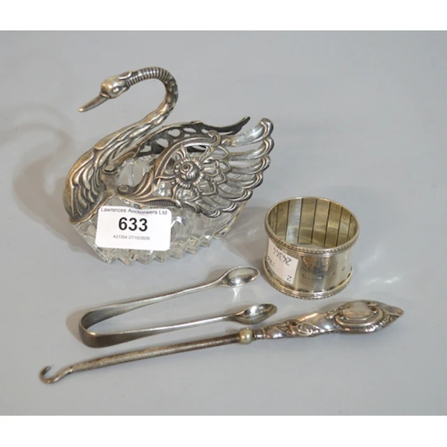 Continental silver (925 mark) mounted glass swan form trinke...