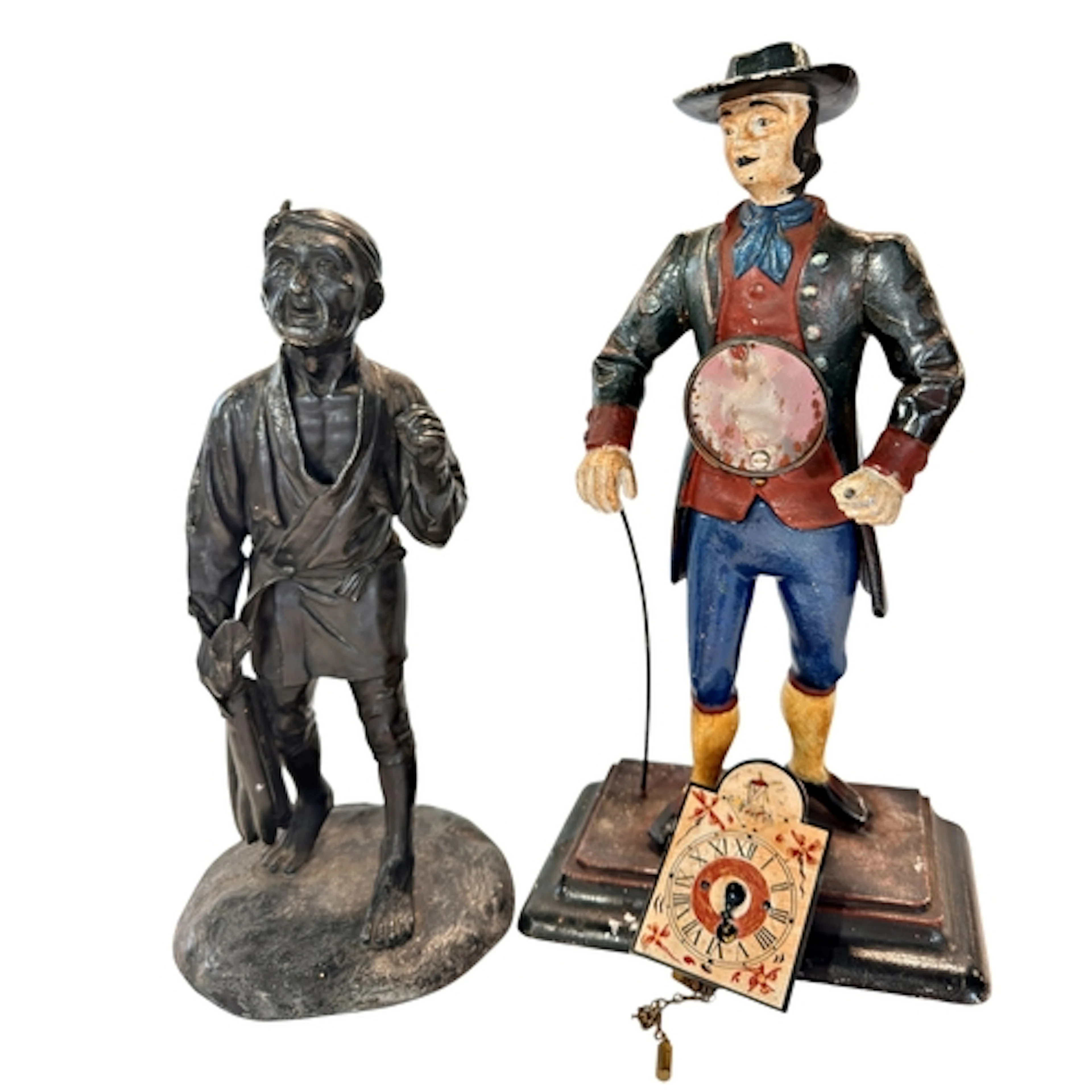 A Japanese bronzed metal figure of a farmer, together with a...