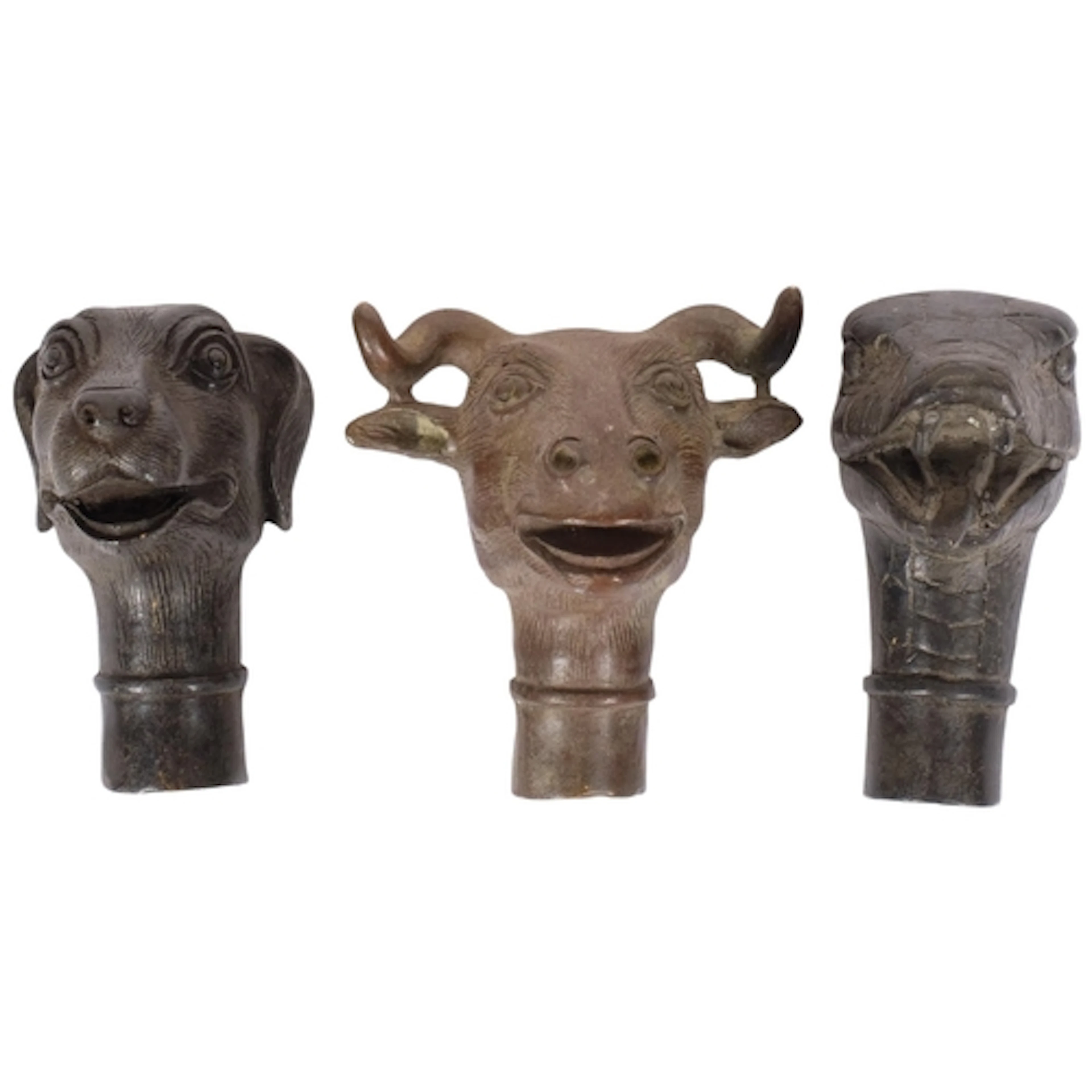 3 bronze walking stick handles, in the form of a dog, snake ...