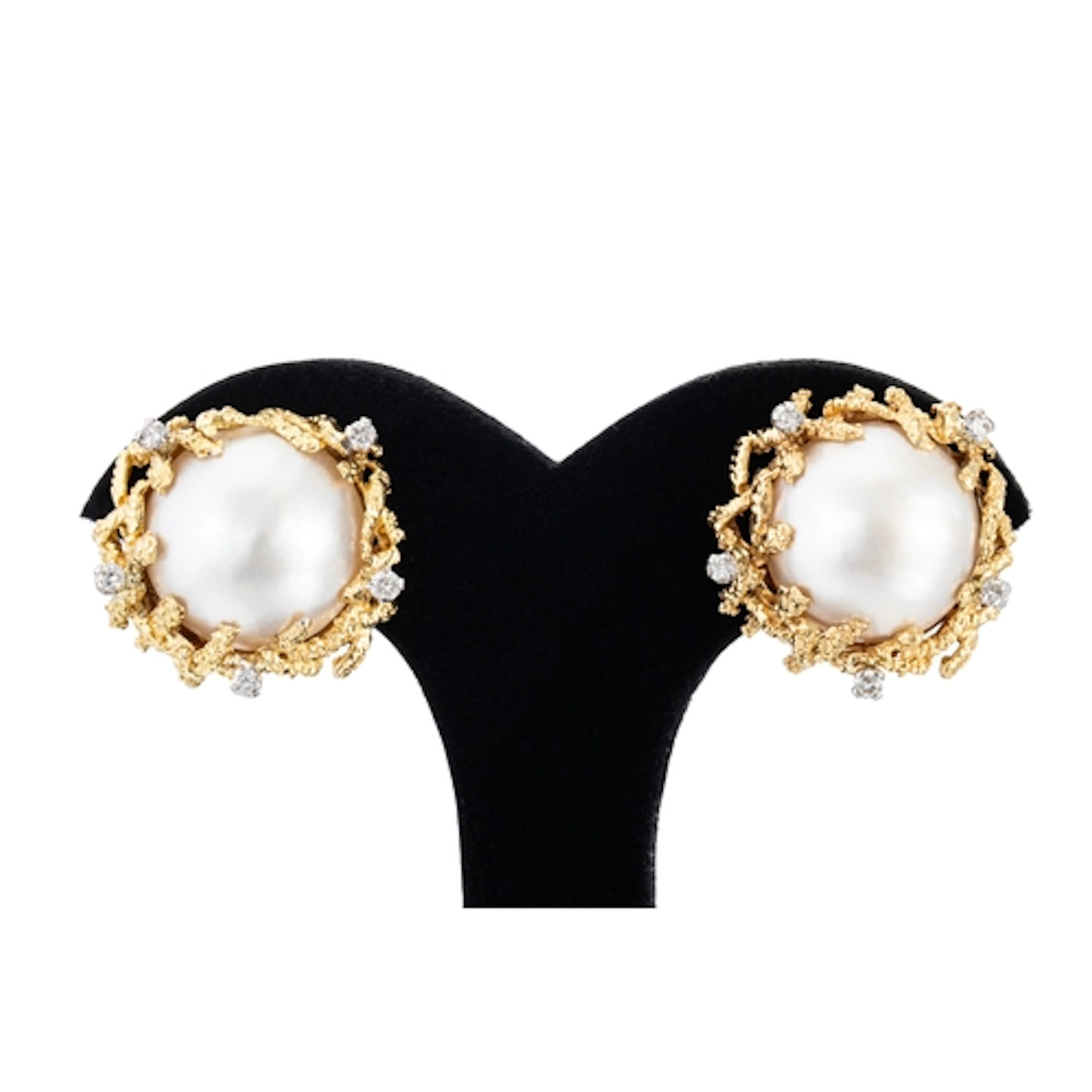 A PAIR OF MABÉ PEARL AND DIAMOND EARRINGS, brutalist 18ct go...
